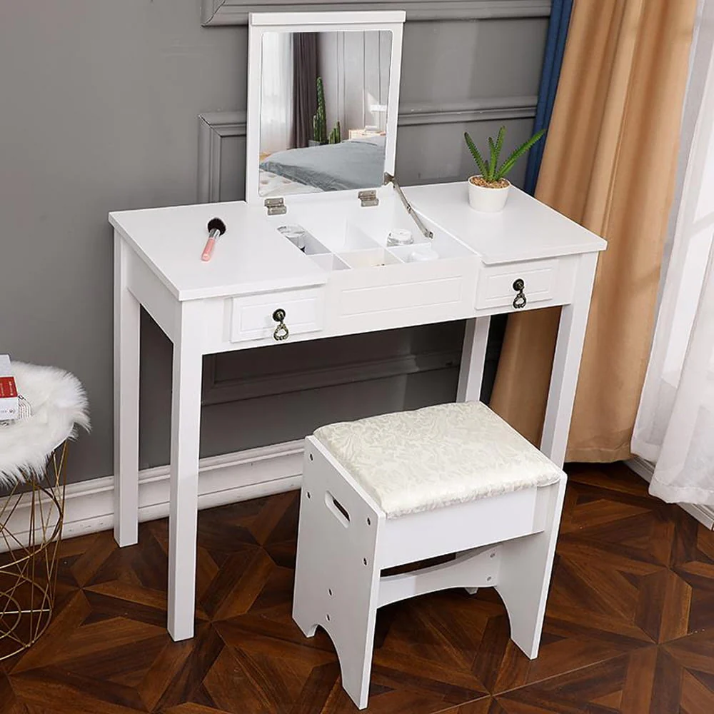 Ktaxon Dressing Table Vanity Set Makeup Table with Flip-top Mirror,Cushioned Stool and 2 drawers,White