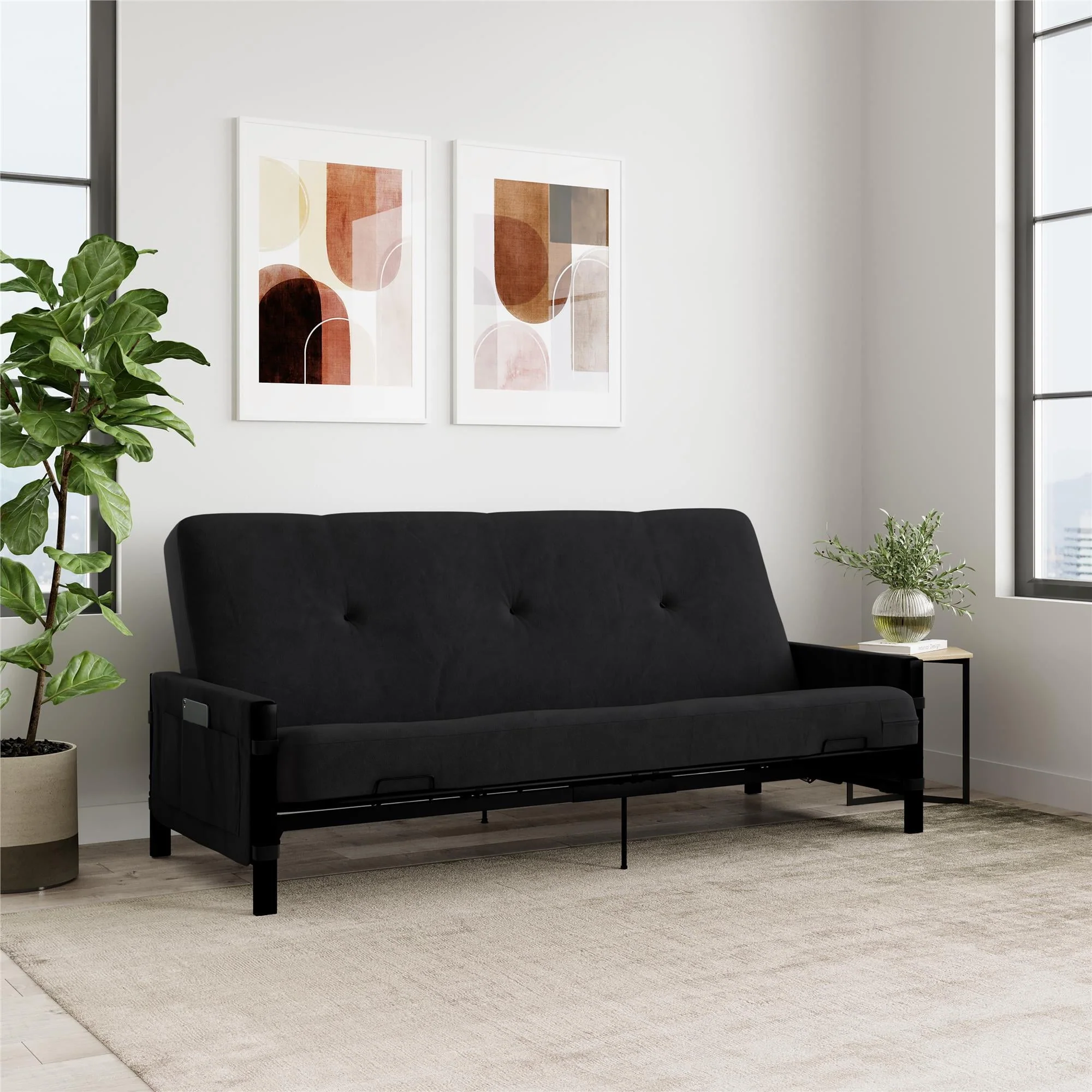 DHP Fairview Futon Set with Black Metal Frame, 6" Mattress and Storage Pockets, Black
