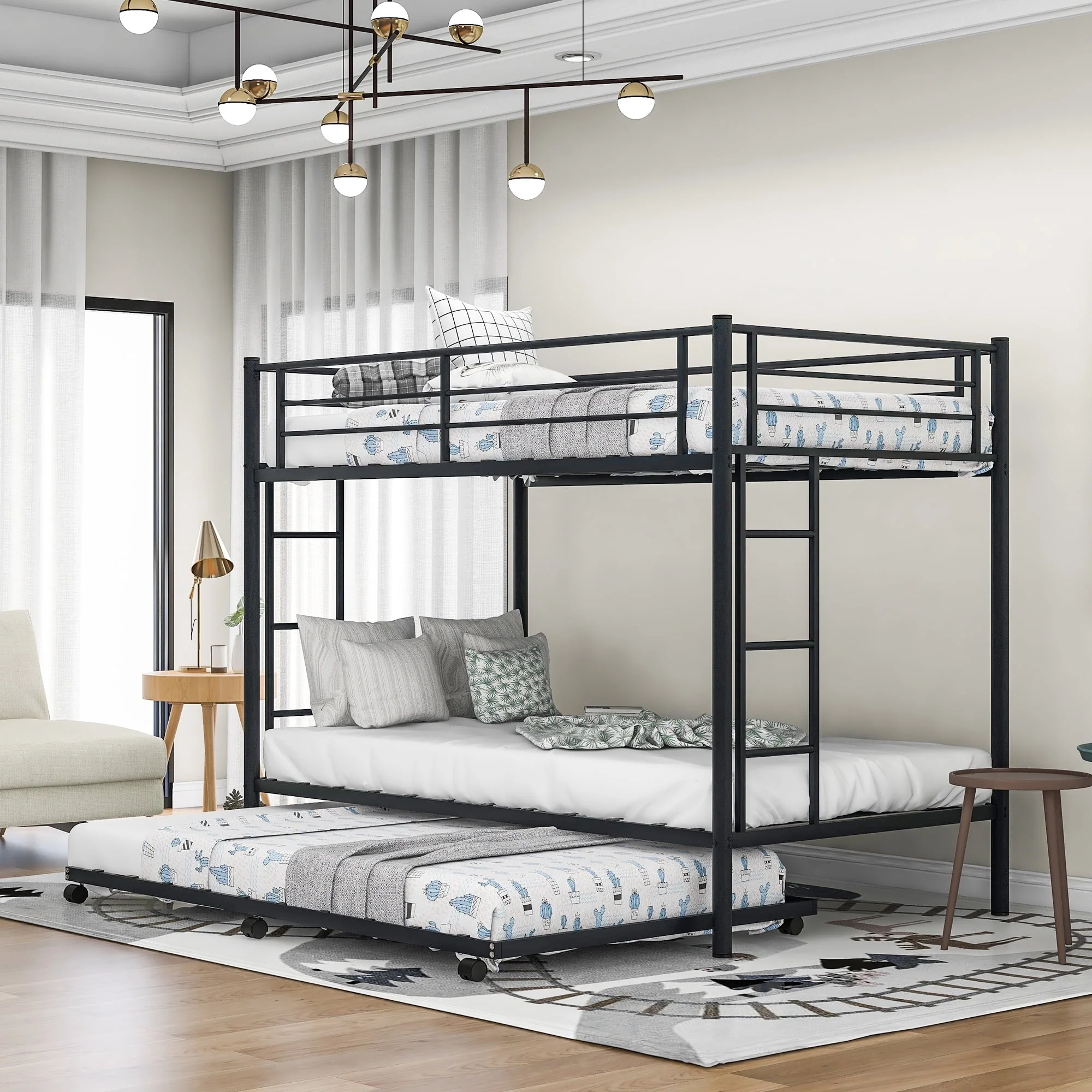 Euroco Metal Twin over Twin Bunk Bed with Trundle for Kids Room, Black
