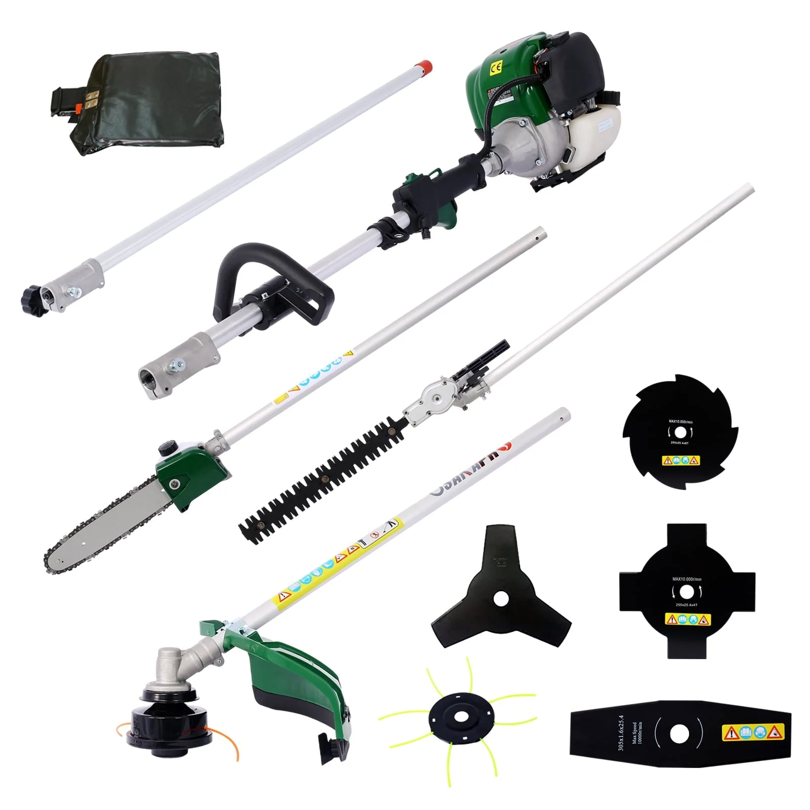 EastVita 9 In 1 Multi-Functional Trimming Tool with Gas Pole Saw Hedge Trimmer Grass Trimmer Brush Cutter 38cc 6500RPM 4-Cycle Garden Tools