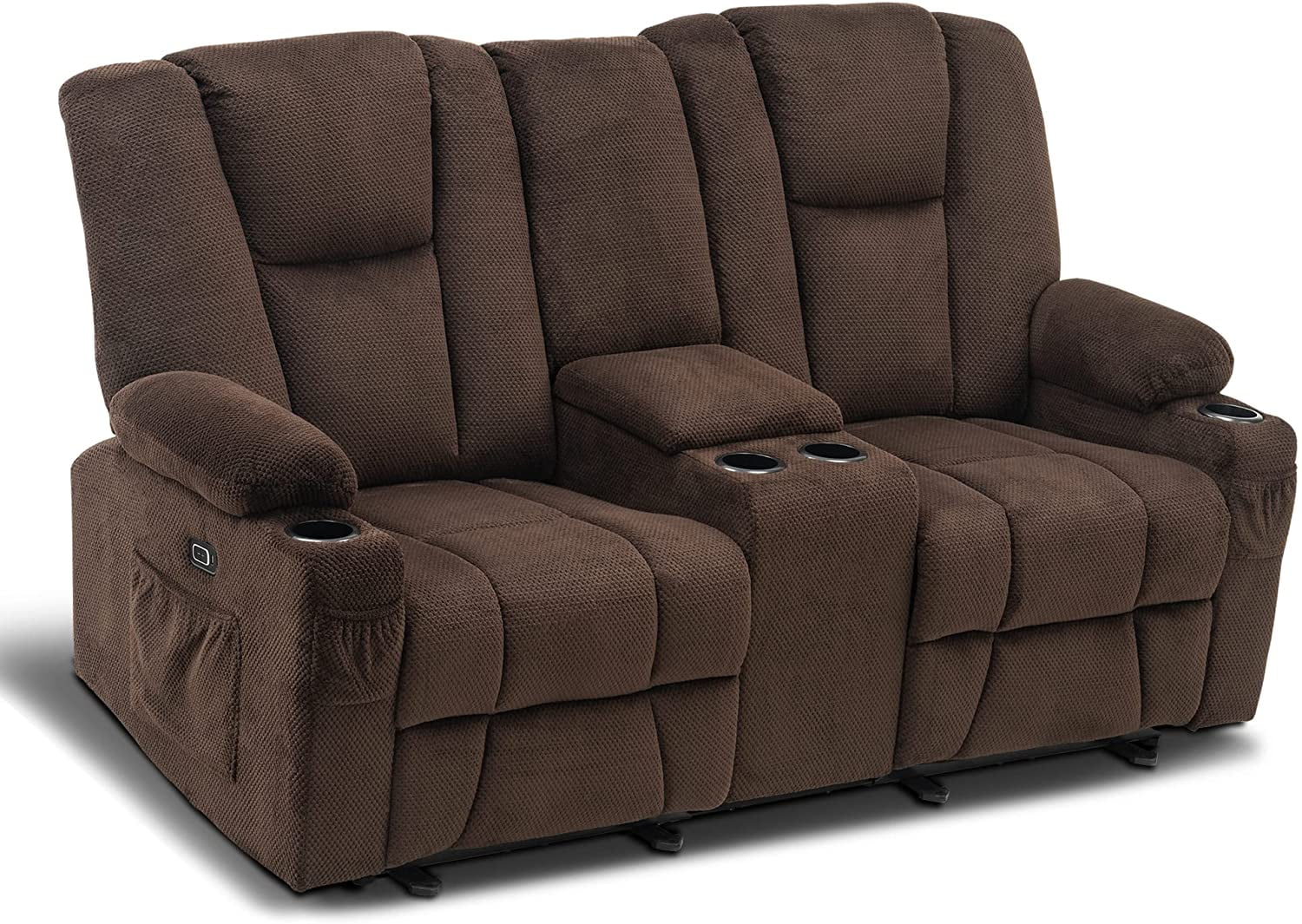 Mcombo Fabric Electric Power Loveseat Recliner w/ Console Massage Cup Holders USB for Living Room Brown 6045