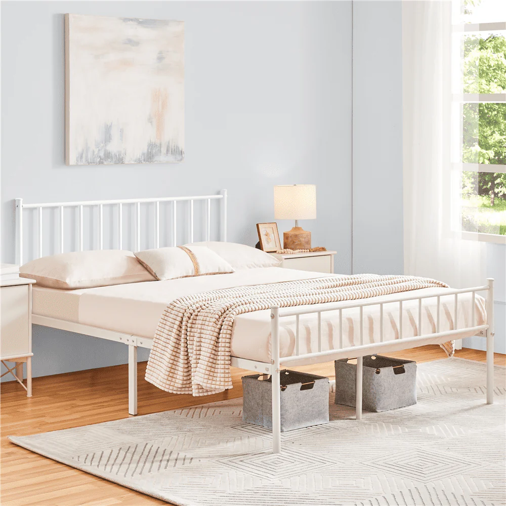 Easyfashion Justin Metal Platform Bed with Spindle Headboard and Footboard, Queen Size, White