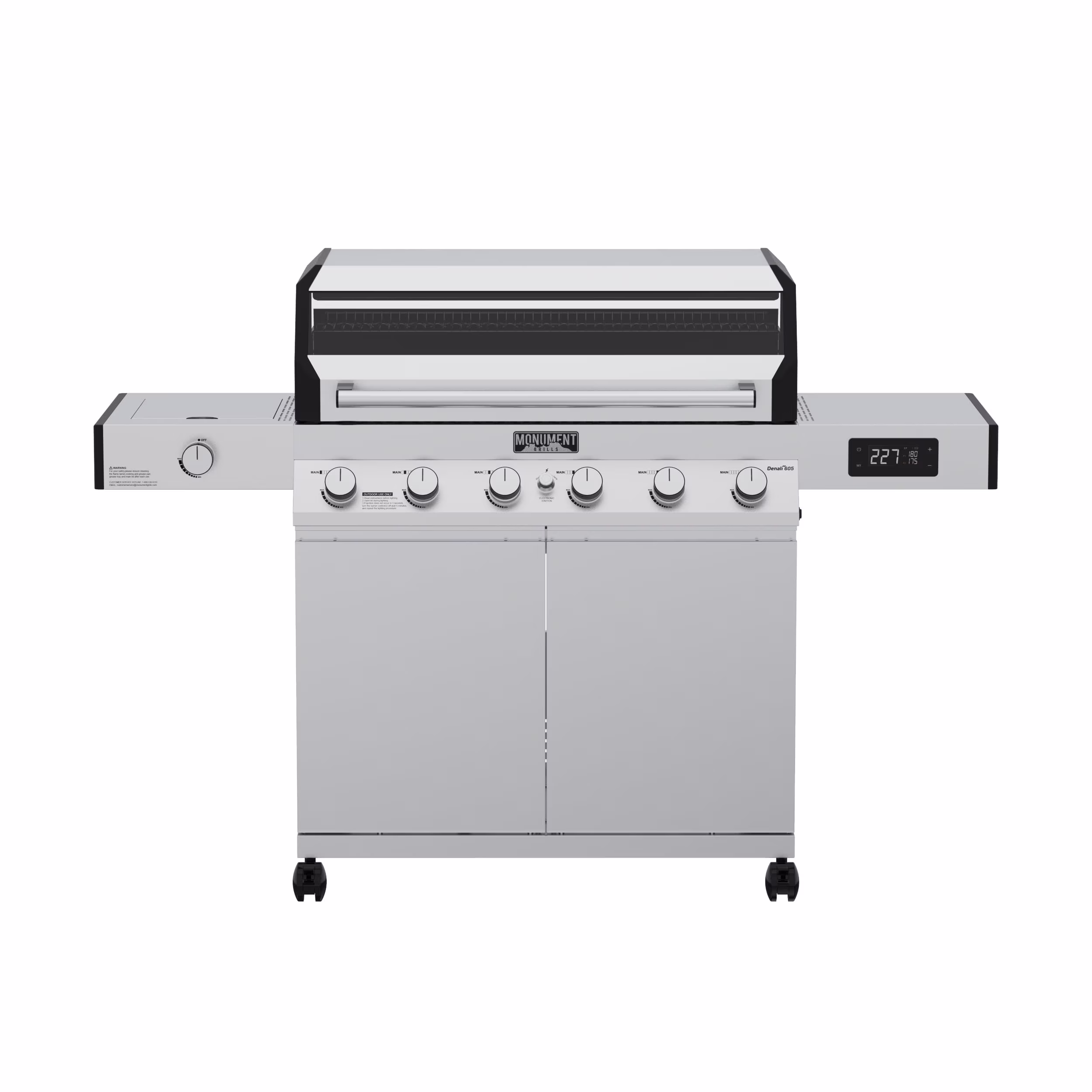 Denali 6-Burner Propane Gas Grill in Stainless with Clearview Lid, 3-Phase LED Controls and Side Burner