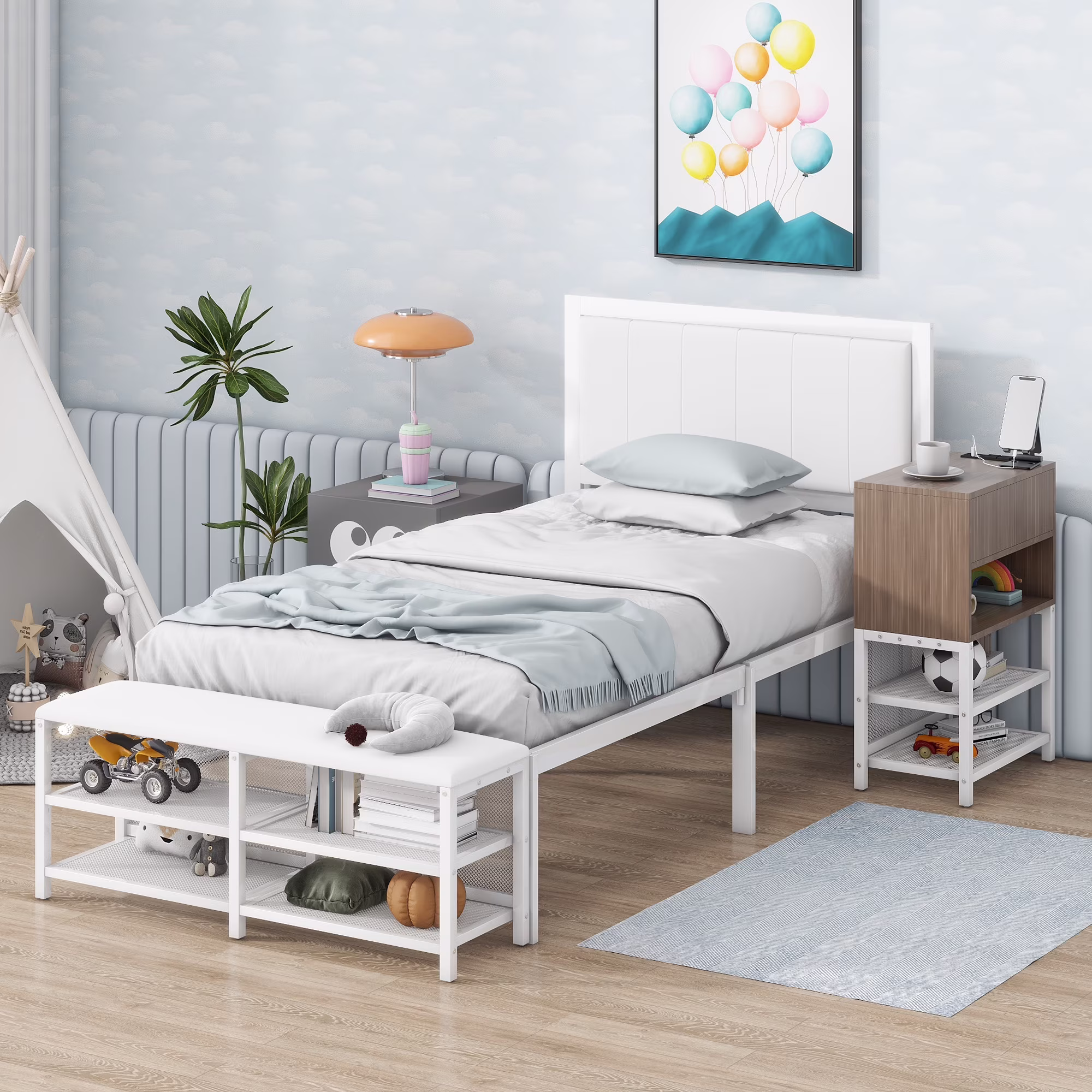 Euroco Metal Twin Size Platform Bed with Two-Tier Storage Shelves for Kids, Wood Cabinet, White