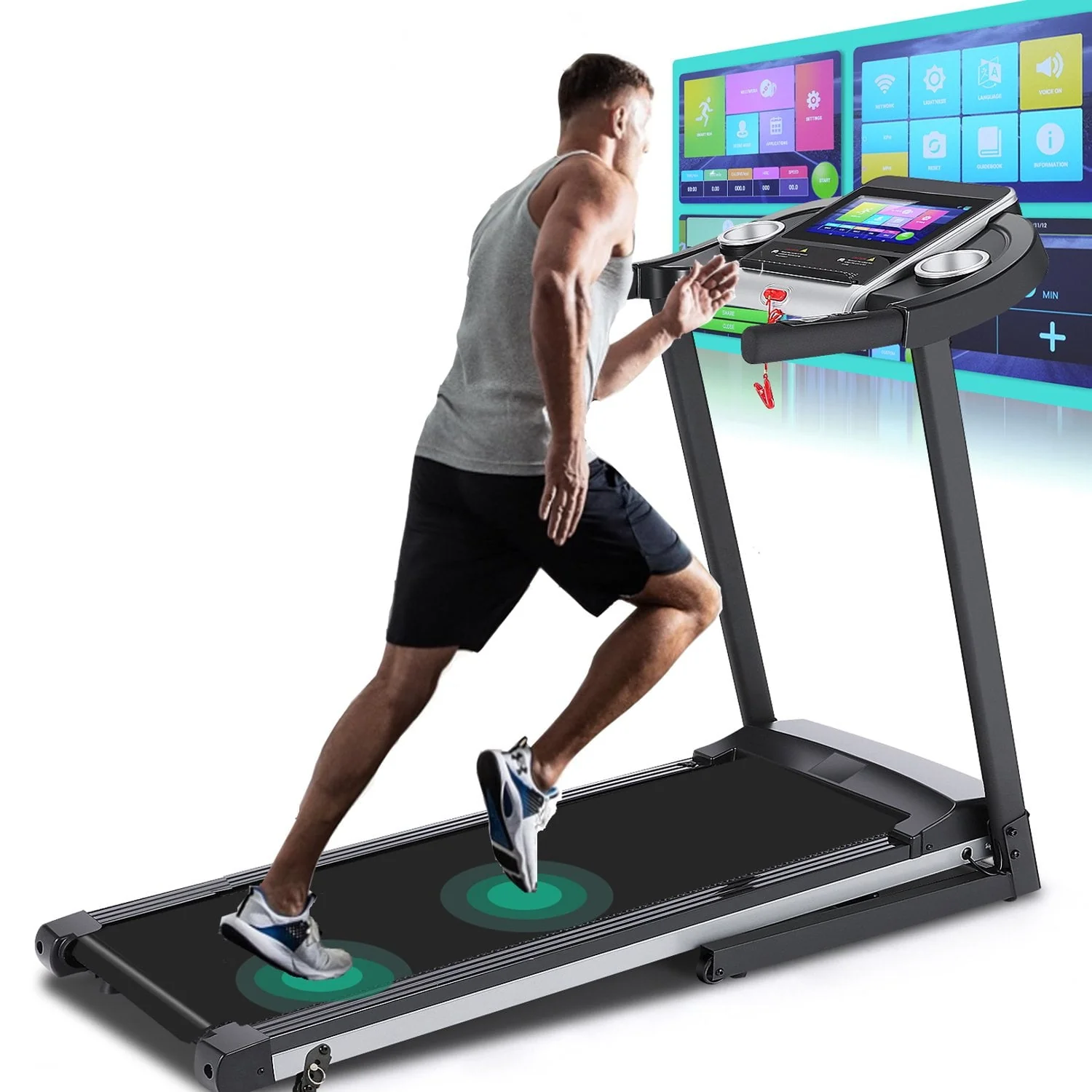 3.25HP Folding Treadmill with Incline, Electric Treadmill for Home with 10" HD TV Movie Touchscreen and 3D Virtual Sports Scene, Running Jogging Walking Exercise Machine Easy Assembly