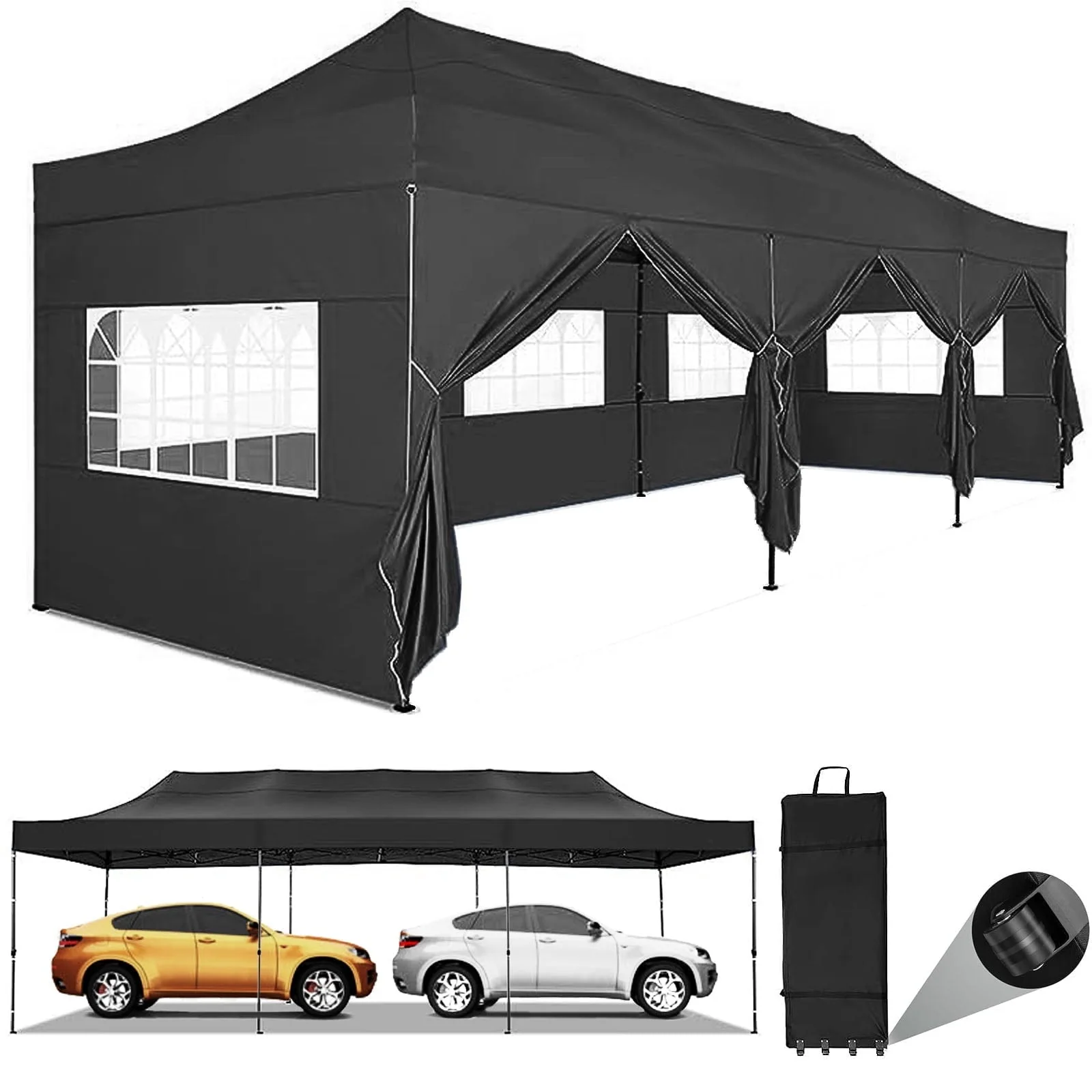 COBIZI 10'x30' Heavy Duty Pop Up Canopy Tent Outdoor Shelter Instant Commercial Tent with 8 Removable Sidewalls, 3 heigh Adjustable Gazebo with Wheeled Bag, Black
