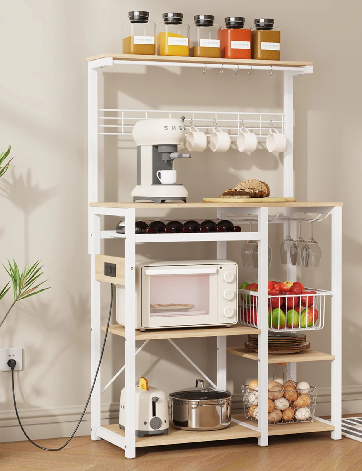 Pantry Cart Microwave Stand with Storage, Behost 60"Coffee Bar Station Kitchen Island Baker Rack for Kitchen,White