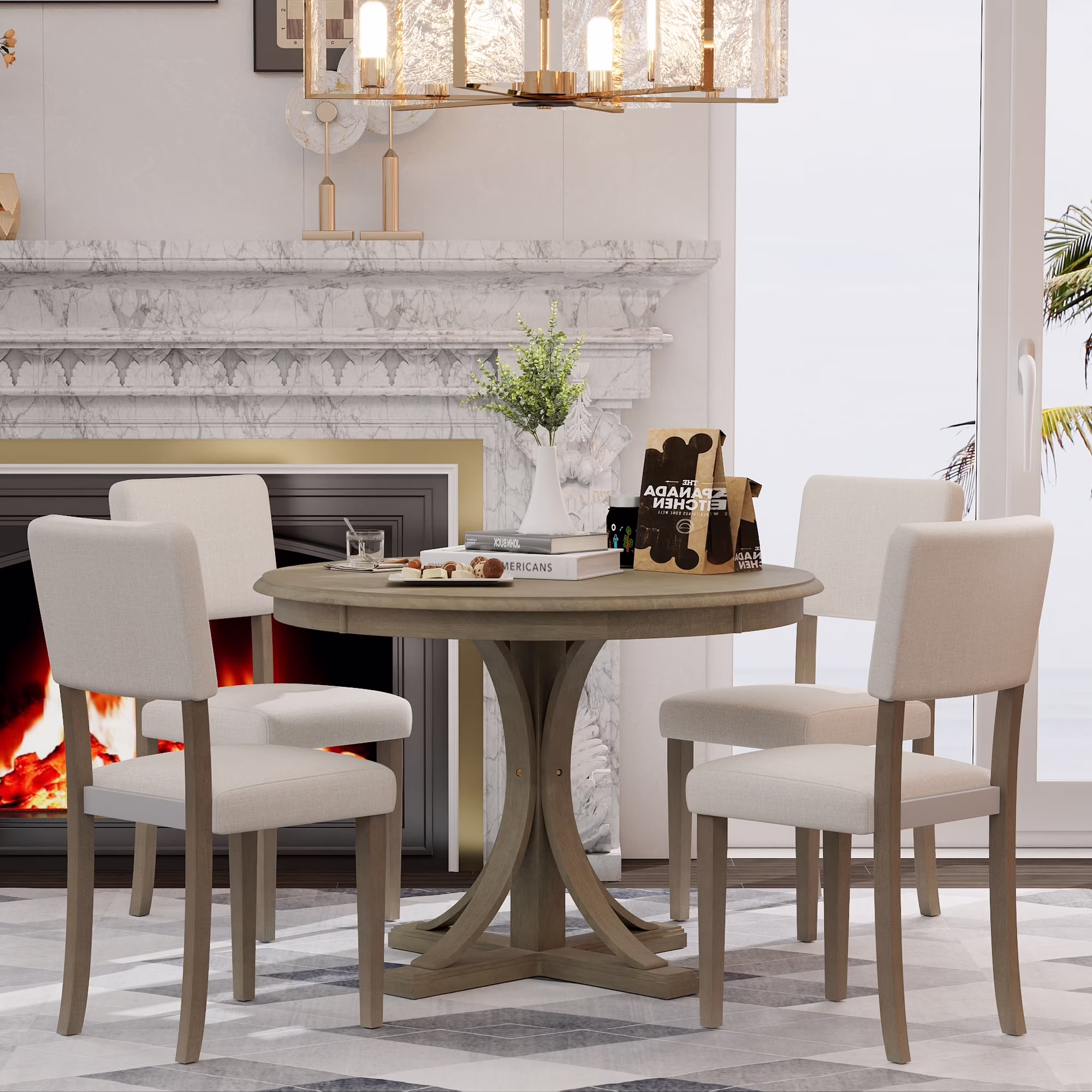 Retro Style 5 Piece Dining Set Kitchen Table Set with Curved Trestle Style Table Legs and 4 Upholstered Chairs, Table Set for 4 Persons Dining Room Table Set for Small Place