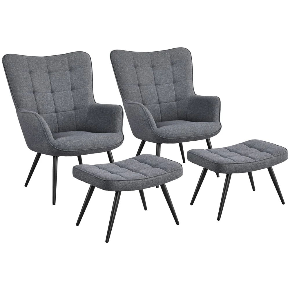 Easyfashion Mid-Century Modern Fabric Wingback Accent Chair with Ottoman, Set of 2, Gray