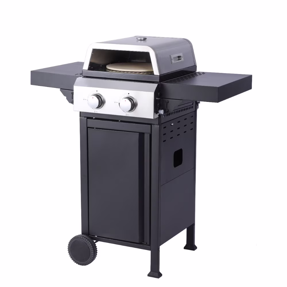 2-Burner Propane Gas BBQ Grill with Pizza Box Design | 24,600 BTU Output | Stainless Steel & Enamel Grids | Foldable Side Table, Wheels & Hanging Basket | Outdoor Barbecue Grill for Backyard, Camping