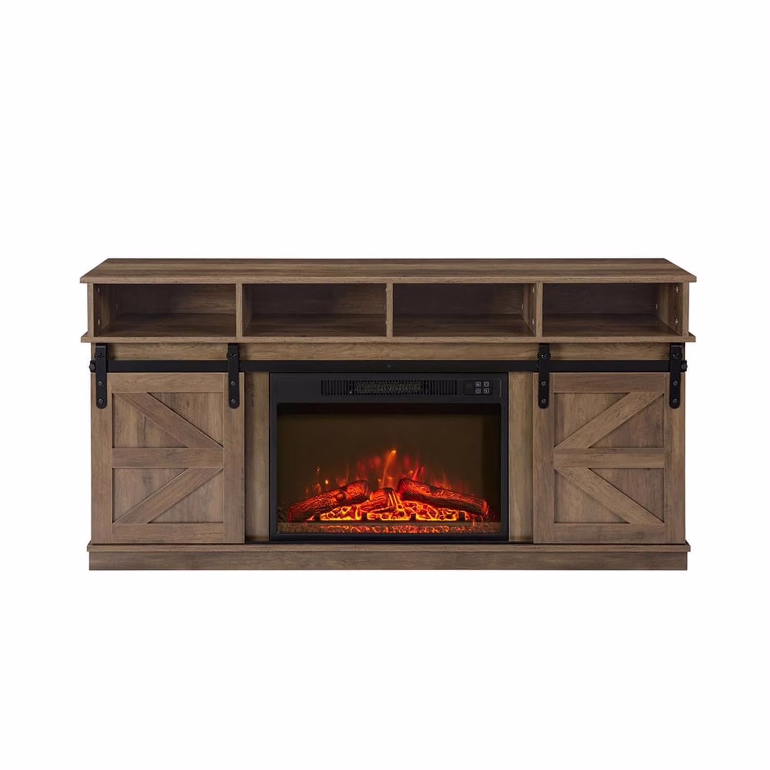 Finihen Modern Farmhouse TV Media Stand for TV Up to 65'', Large Barn Inspired Home Entertainment Console with 23" Fireplace Insert, Open Shelves and Closed Cabinets, Brown