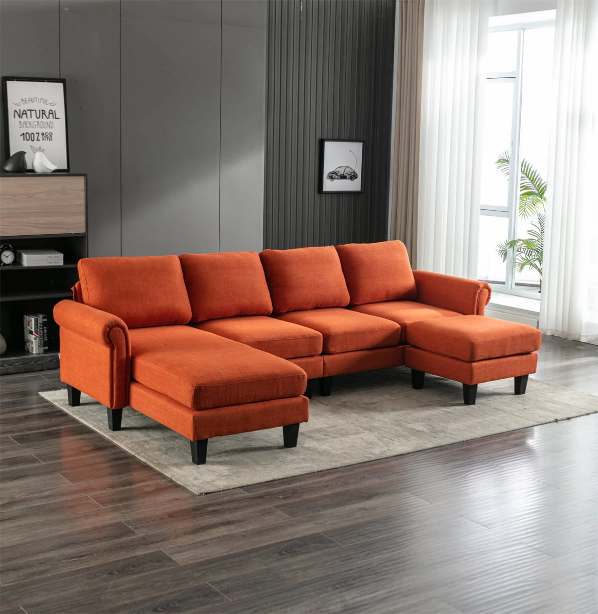 U-shaped Sectional Sofa, 108.6inch Modular Sectional Couches with Chaise and Ottoman, Modern Linen Fabric Convertible Sofa with Soft Padded Seat for Living Room, Orange