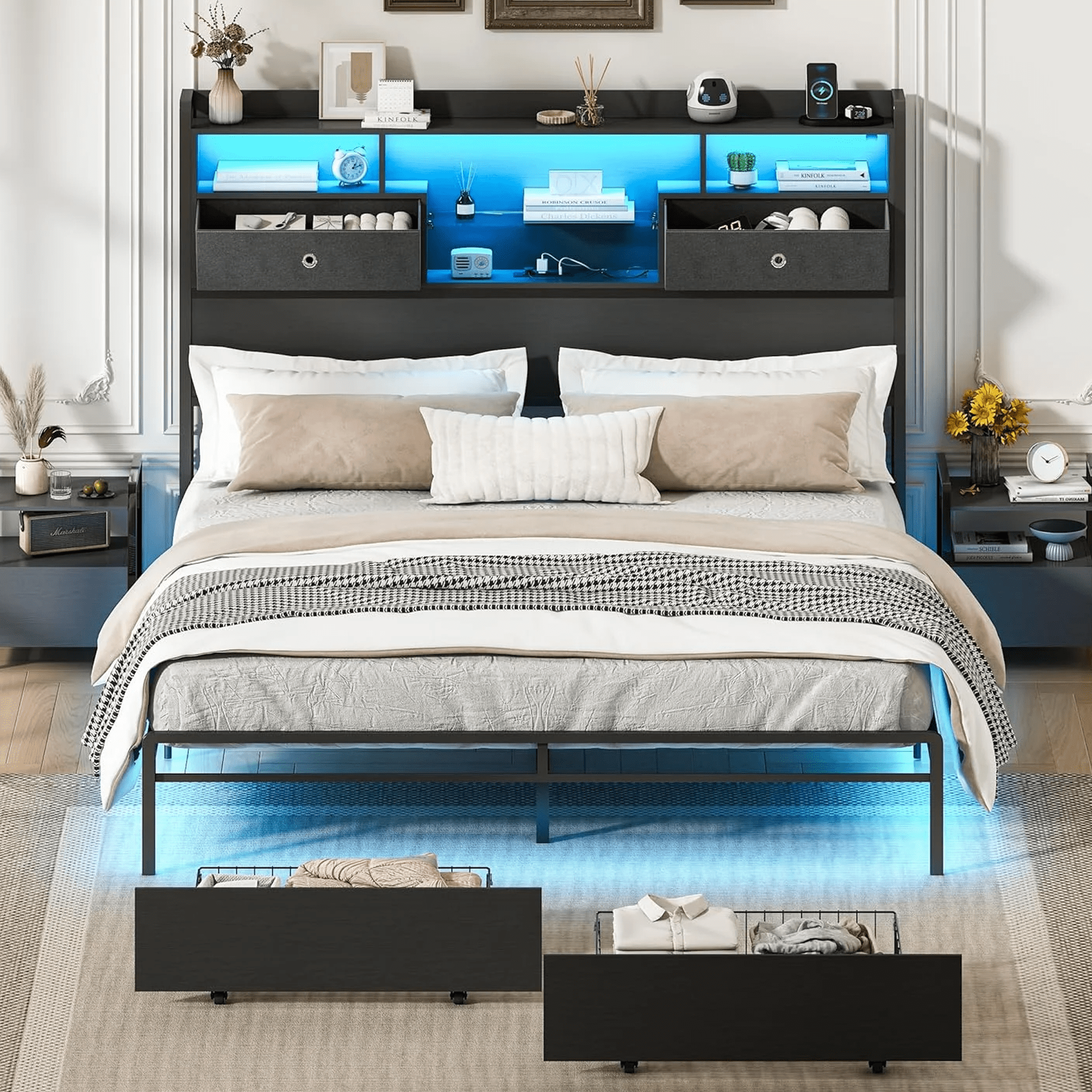 Pipleo Queen Size Bed Frame with Drawer, Bed Frame Queen Size with 3-Tier Storage Headbord, 2 Storage Baskets, LED, Charging Station, Heavy Duty Metal Slats, No Box Spring Needed