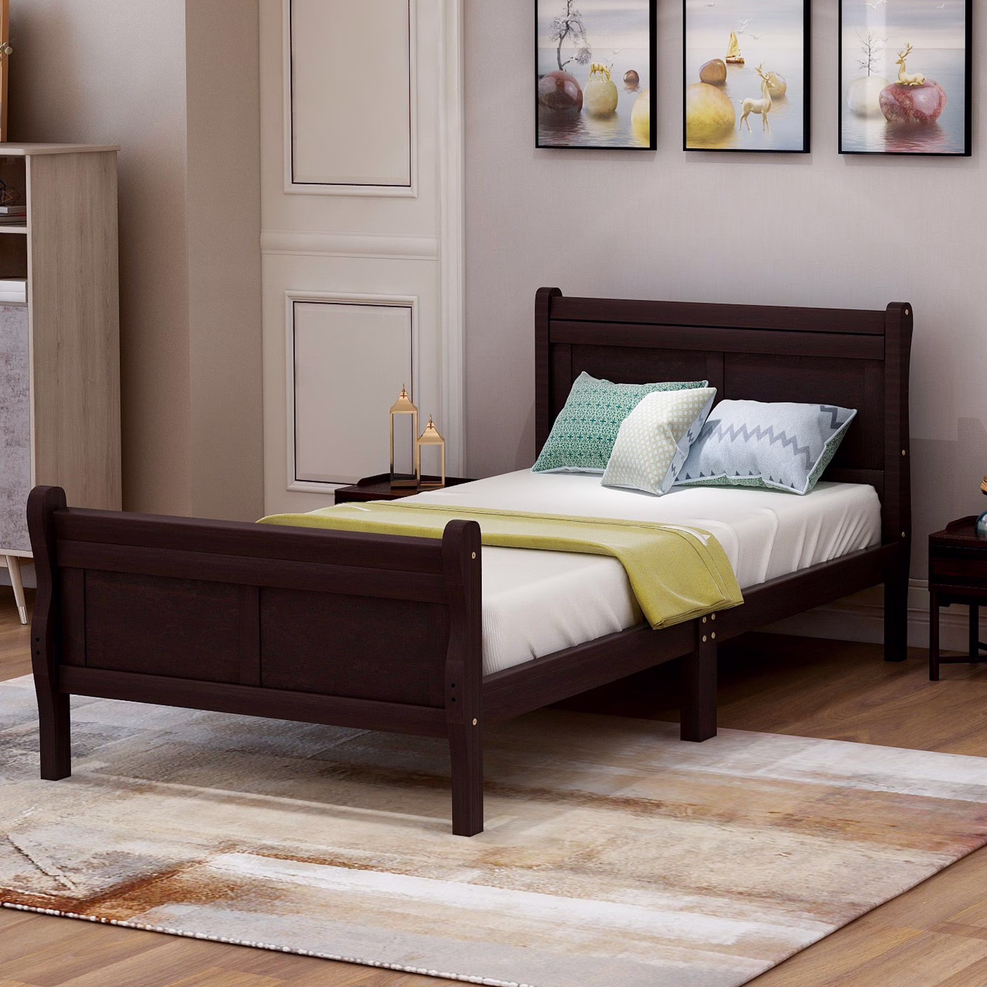Llinc Store Twin Size Wood Bed Frame Mattress Foundation Sleigh Bed with Headboard/Footboard/Wood Slat Support, Espresso