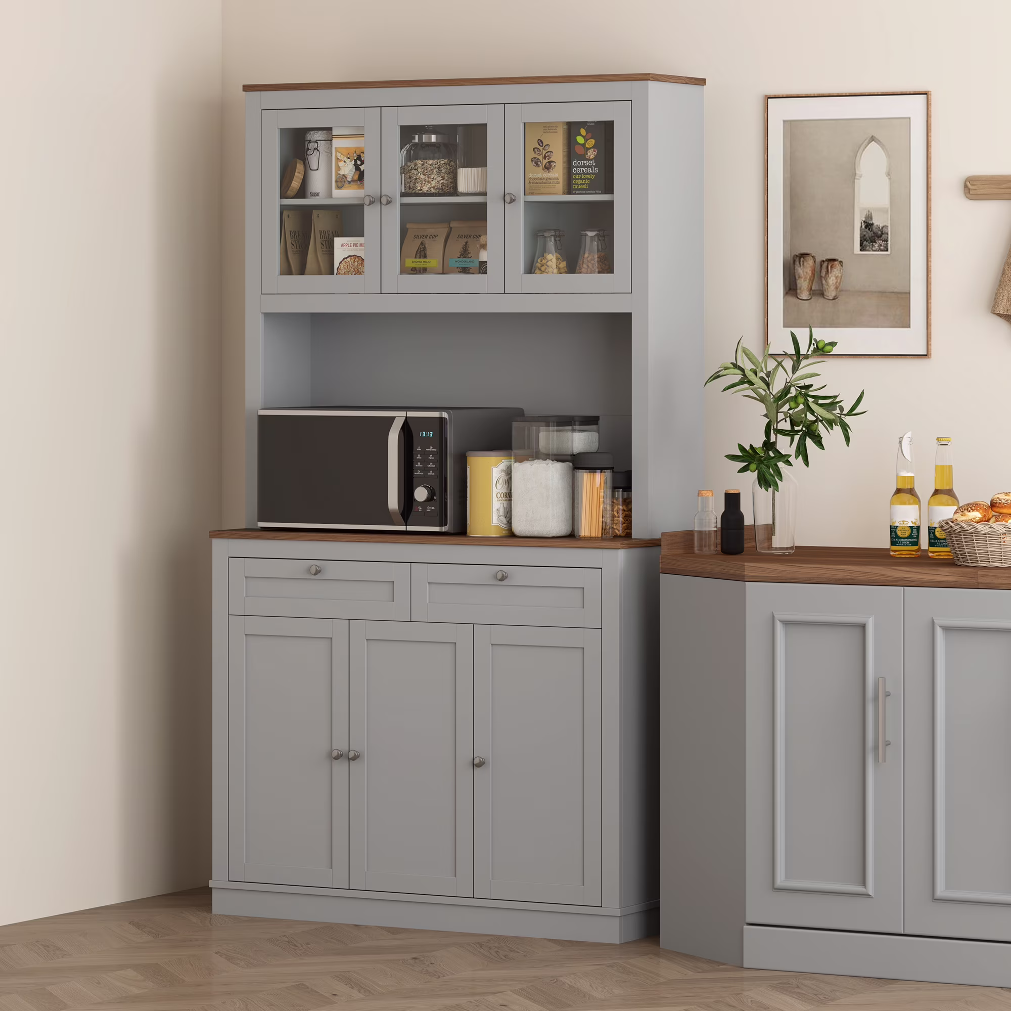 HOMCOM 71" Tall Kitchen Pantry Storage Cabinet with 2 Drawers, Microwave Cabinet with Adjustable Shelves and Glass Doors, Gray