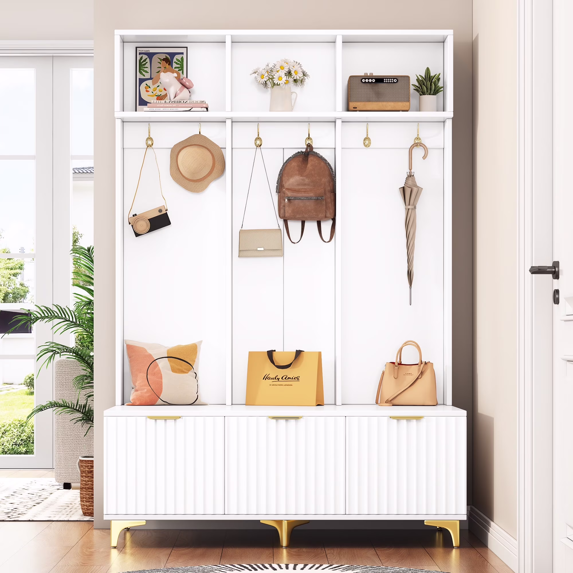 Royard Oaktree Hall Tree w/Bench and Shoe Storage, Large Hall Tree w/Doors, Hooks and Open Shelves