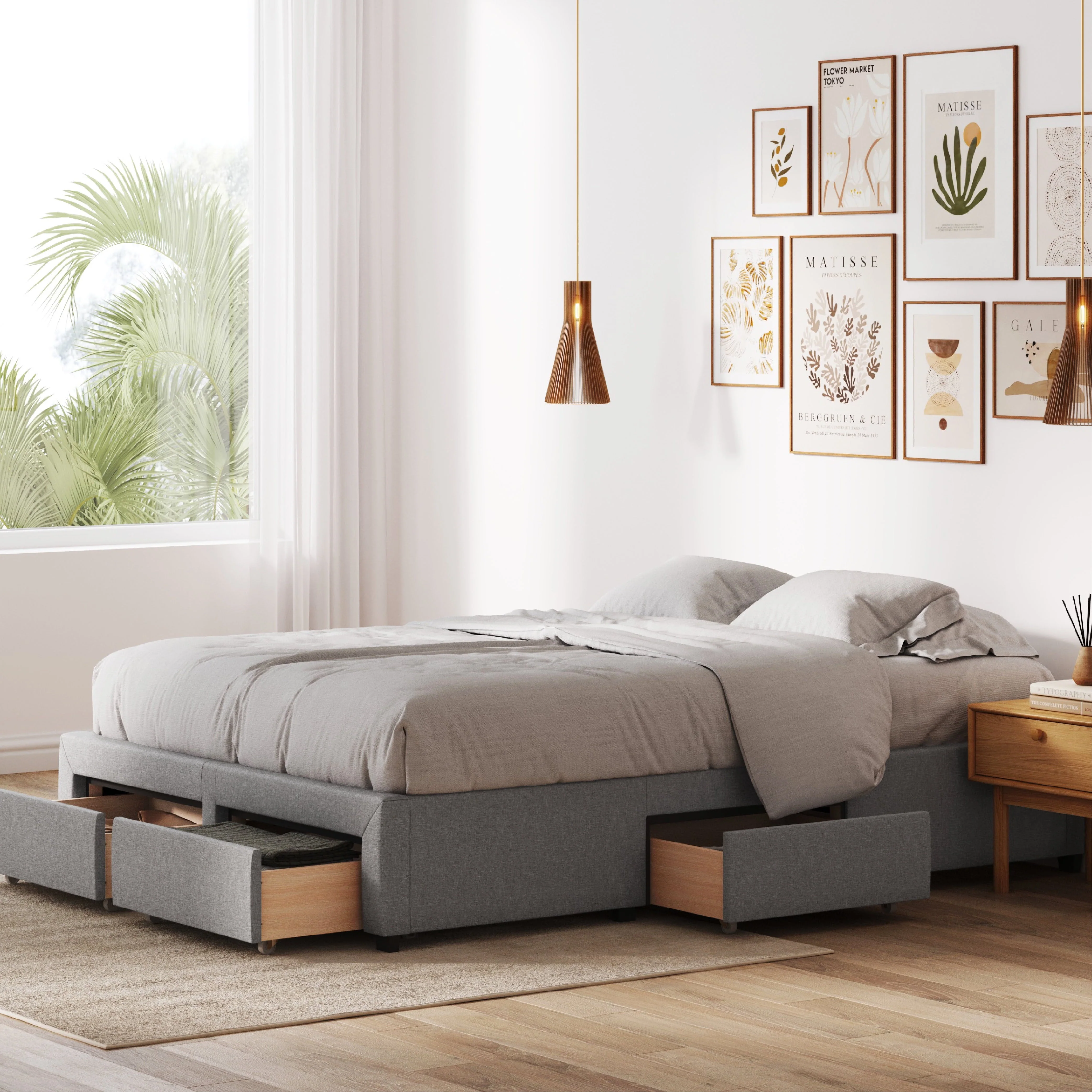 DG Casa Cosmo Upholstered Platform Bed Frame Base with Storage, Queen Size, Gray