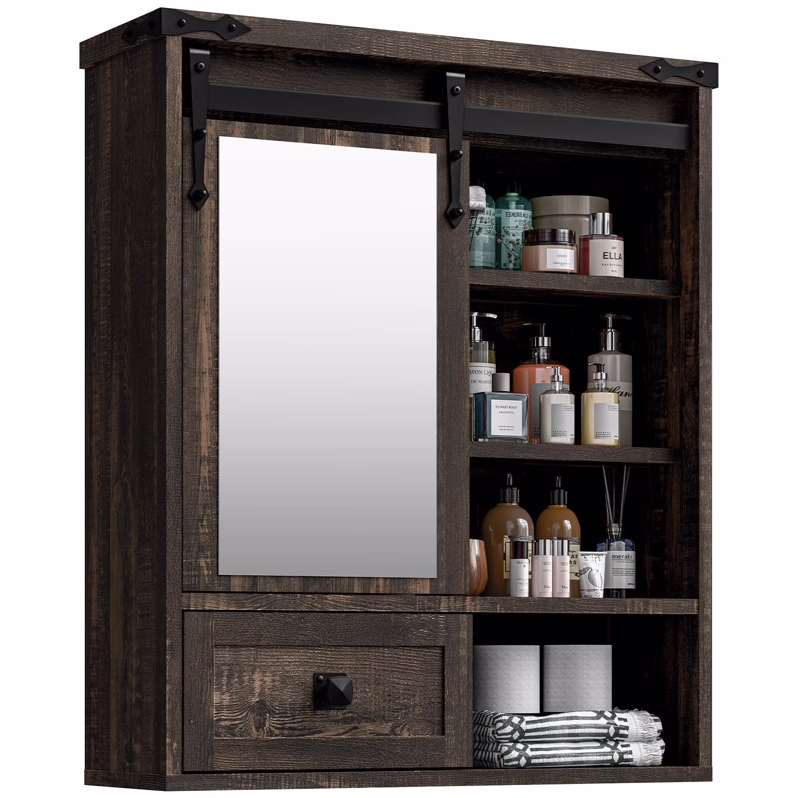 Vabches Farmhouse Bathroom Wall Storage Cabinet with Sliding Mirror Door, Adjustable Shelves, Over The Toilet Storage, Dark Rustic Oak