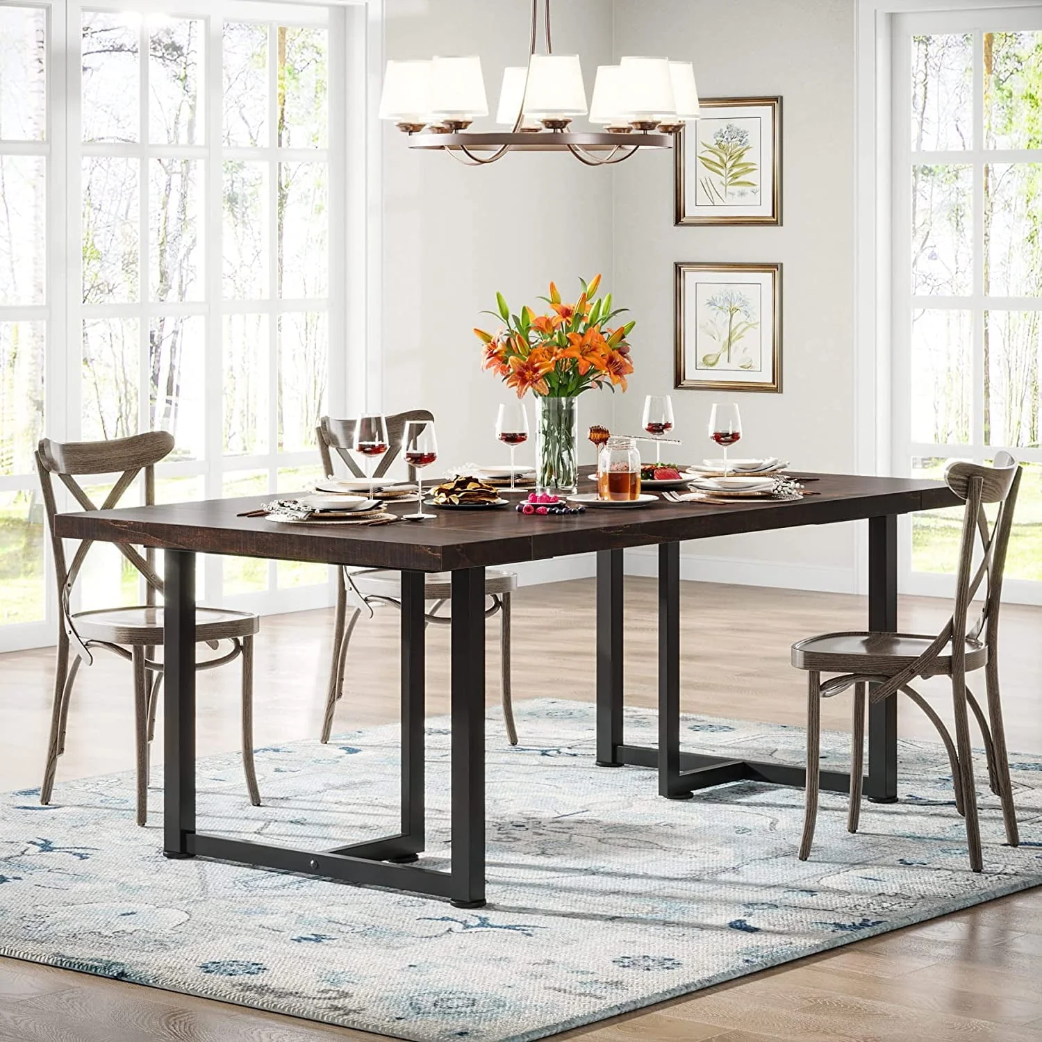Tribesigns Dining Table Kitchen Table for 6, Industrial Rectangular Table with Steel Legs Metal Frame, Farmhouse Kitchen Table for Dining Room, Kitchen, Home Furniture (Vintage Brown & Black)