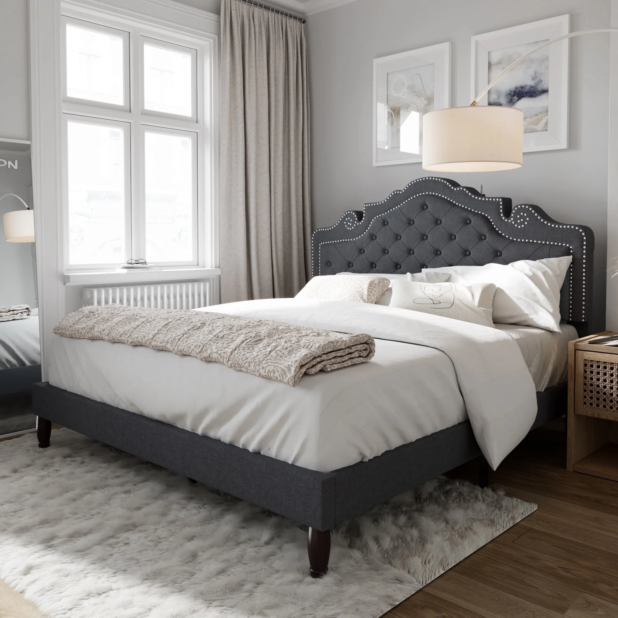 Amolife Queen Size Platform Bed Frame with Fabric Upholstered,Adjustable Headboard, Dark Gray