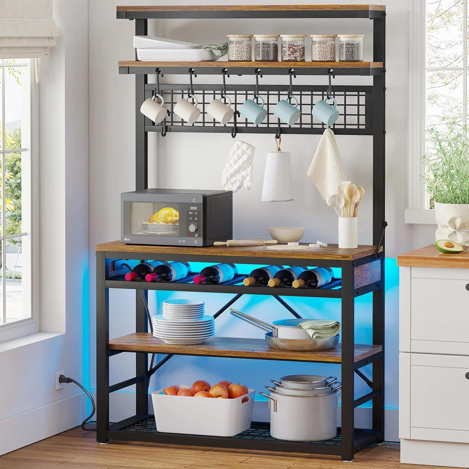 Kitchen LED Lights Baker’s Rack, 6-Tier Utility Storage Shelf with Power Outlet, Rustic Brown