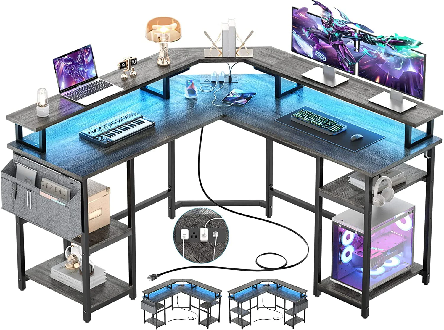 Homieasy L Shaped Desk with Power Outlet and Monitor Stand, 55" Reversible Gaming Desk with LED Light and USB Ports, Corner Computer Desk Office Desk Writing Desk with Storage Shelf, Grey Oak
