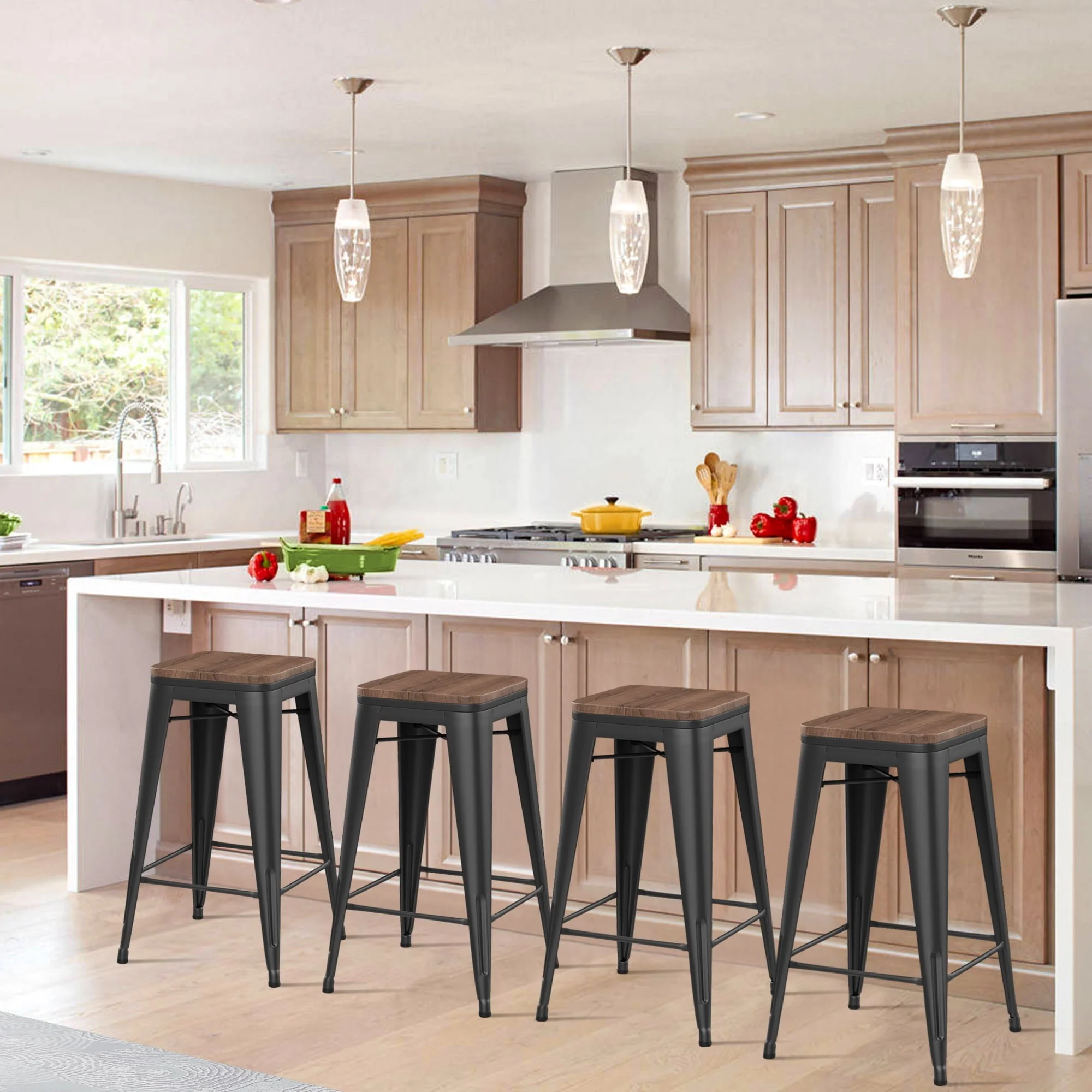 Andeworld 26" Set of 4 Metal Bar Stools  Stackable Counter Height Barstools Wood Seat Backless Rustic Kitchen Bar Chairs (Black)