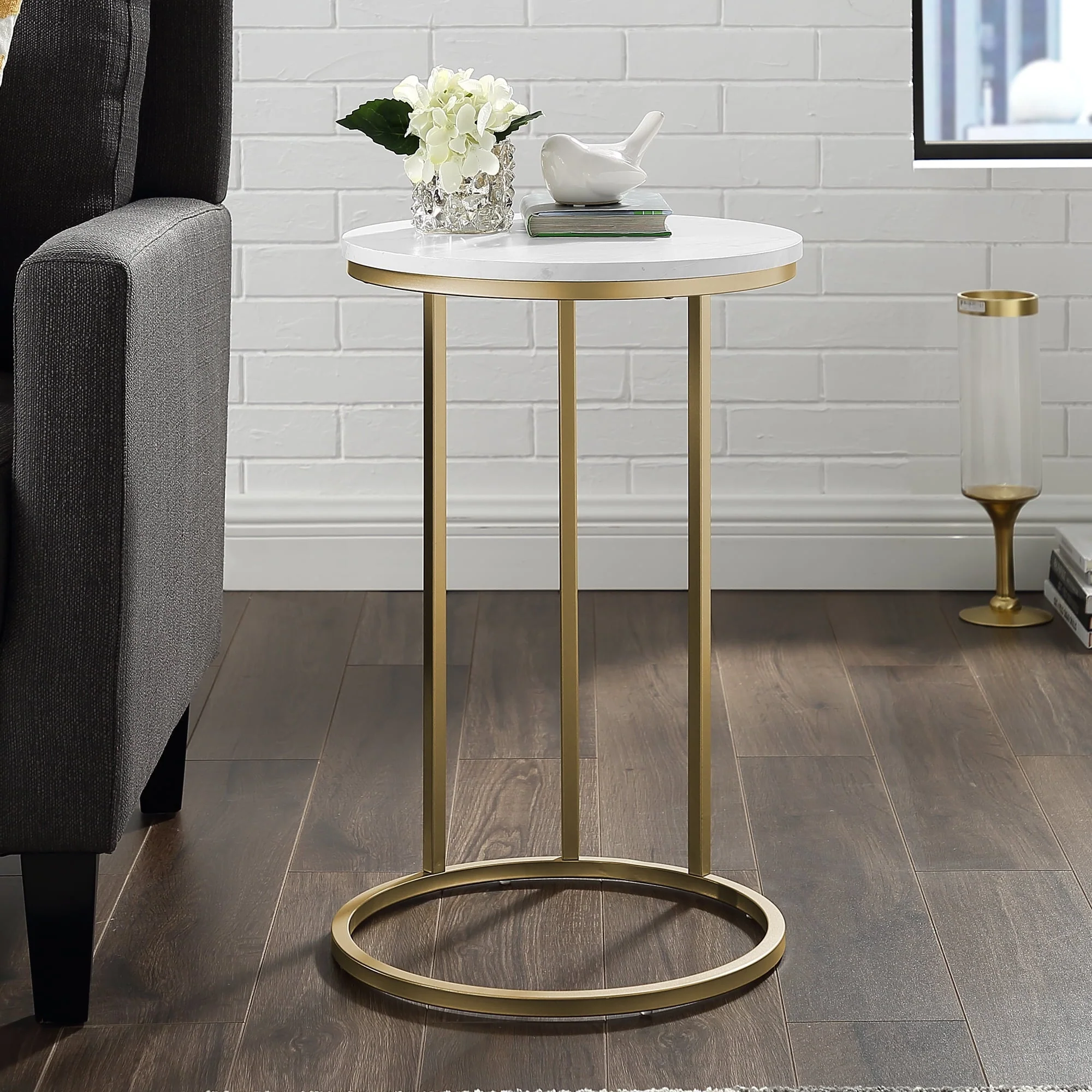 Ember Interiors Modern Glam Athena C-Shaped End Table, Faux Marble/Gold