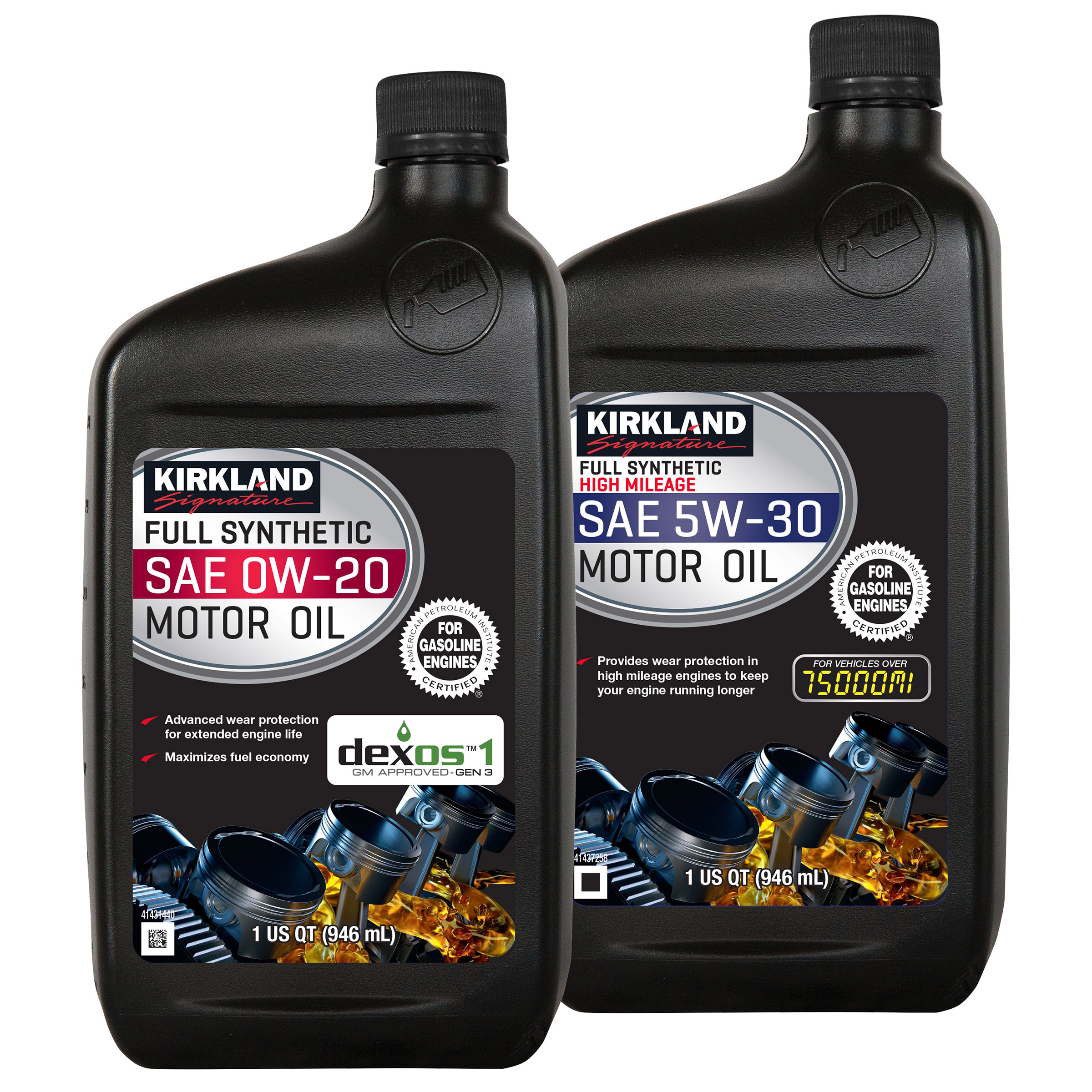 Kirkland Signature 0W-20 Full Synthetic and 5W-30 High Mileage Full Synthetic Motor Oil 1-Quart, 12-Pack