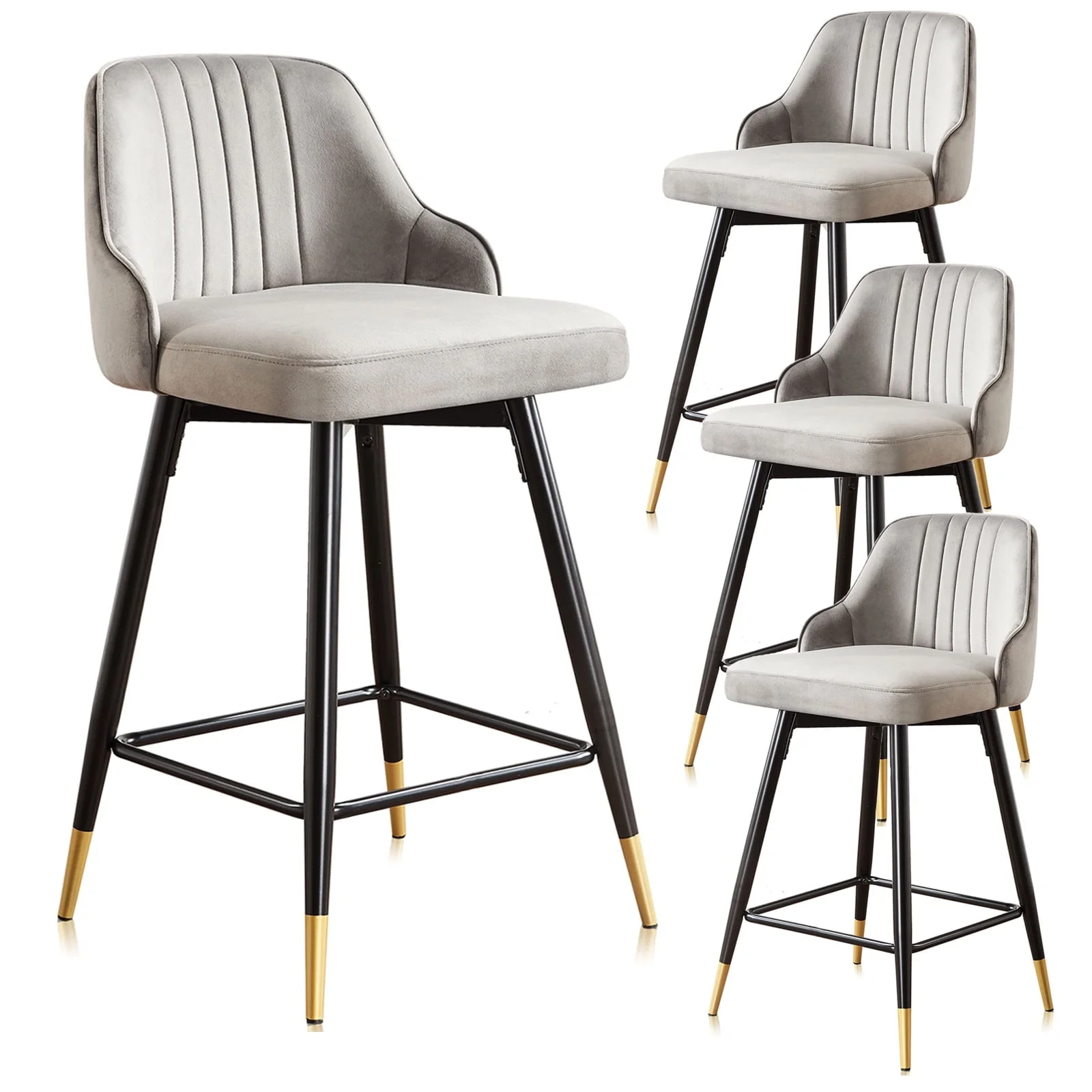 Omni House 25" Swivel Counter Height Bar Stools Set of 4, Velvet Upholstered Bar Stool with Low Back and Footrest,Stools for Pub Island Home Kitchen,Gray
