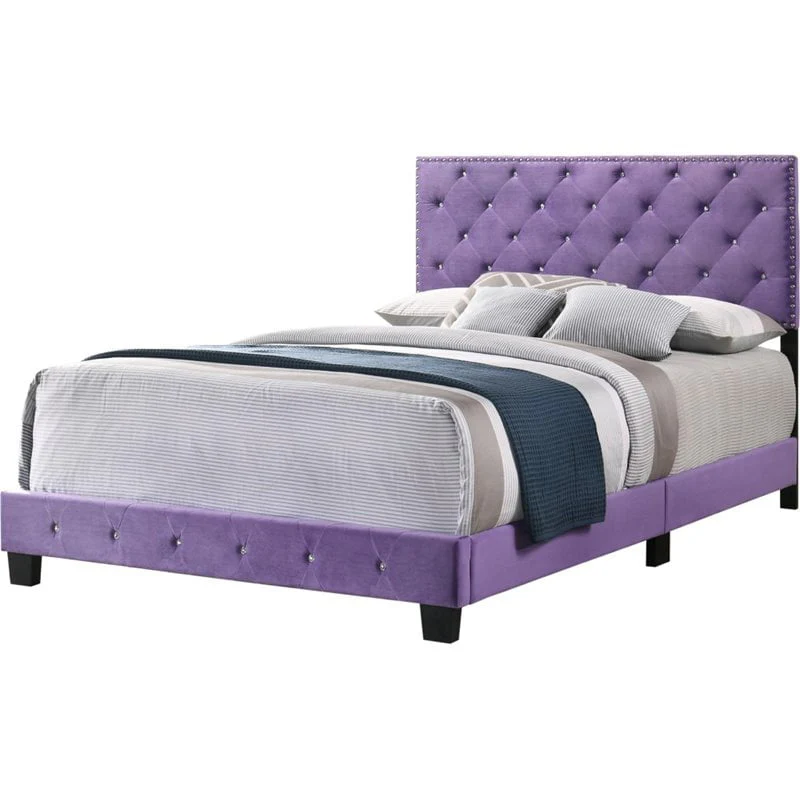 Maklaine Contemporary Velvet Upholstered Queen Bed in Purple