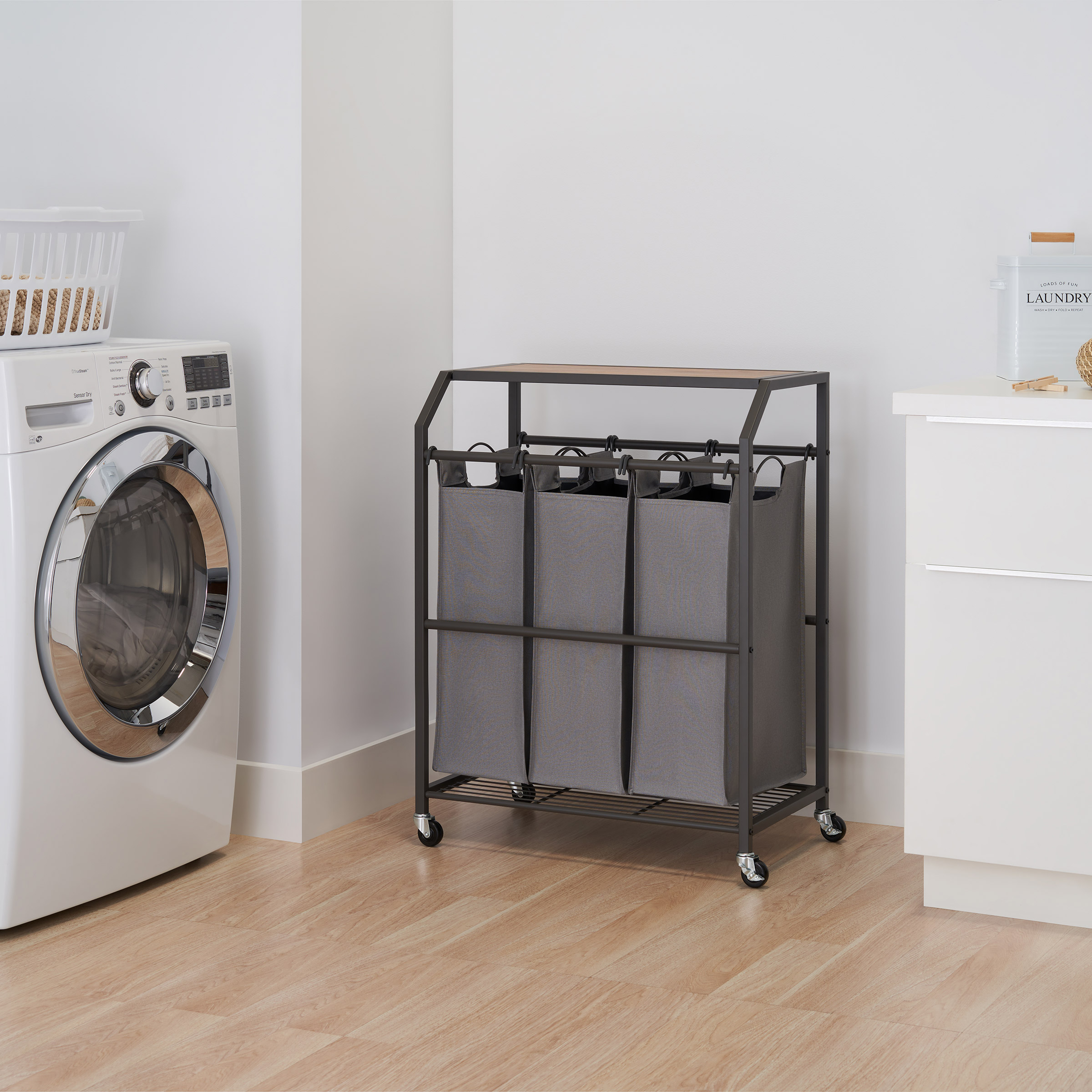 TRINITY 3-bag Laundry Cart with Flip-up Top