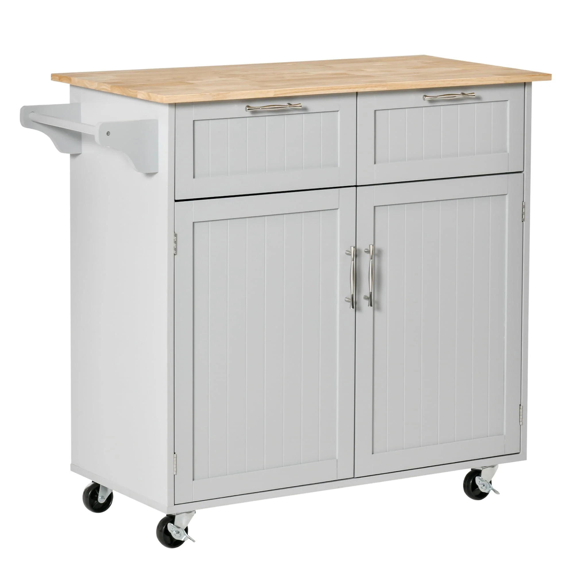 HOMCOM 41" Modern Rolling Kitchen Island, Utility Cart with Rubberwood Top & Drawers, Gray