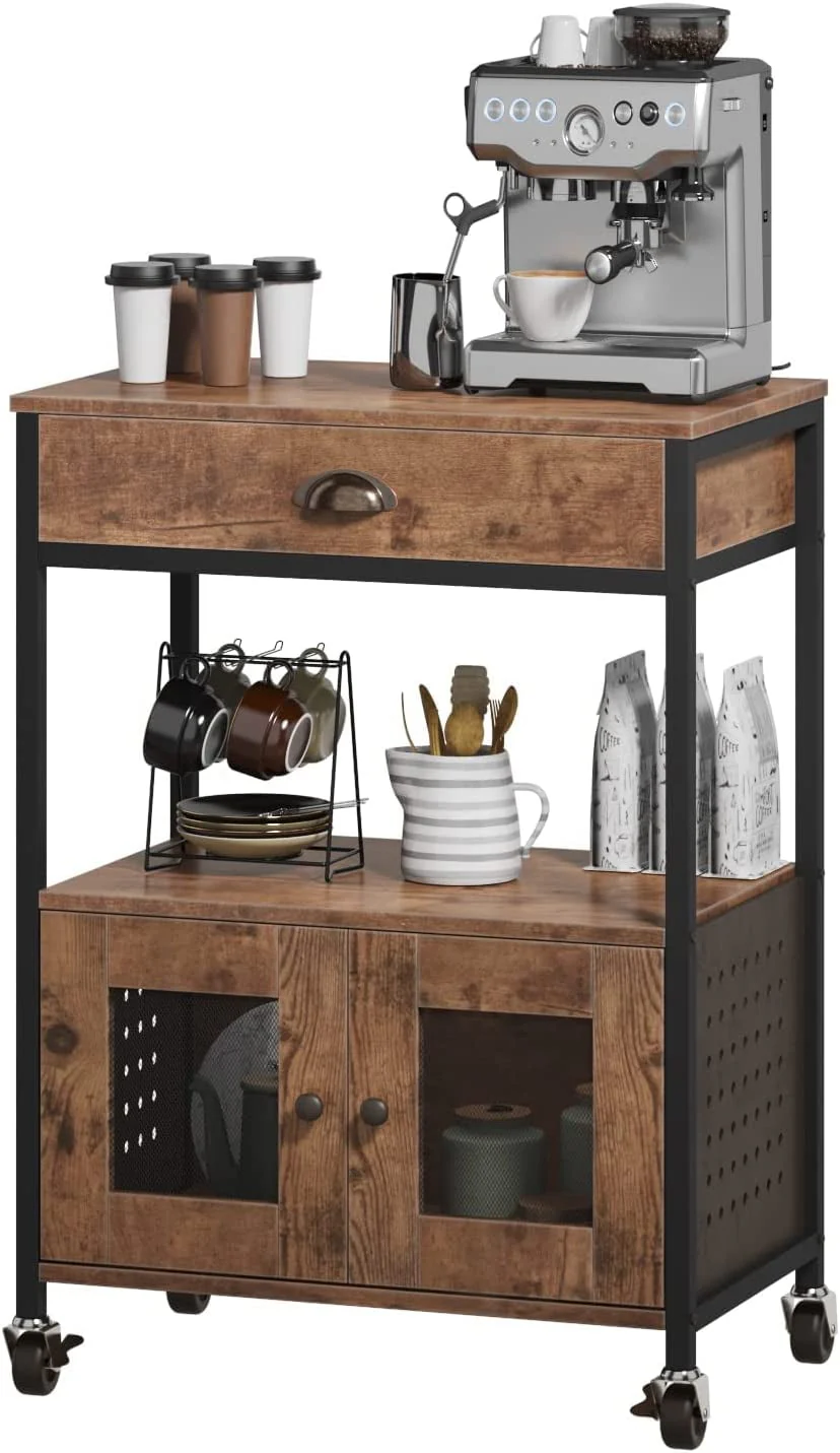 Catrimown Kitchen Cart with Wheels, Rolling Microwave Cart with Drawer and Storage, Coffee Cart, Brown