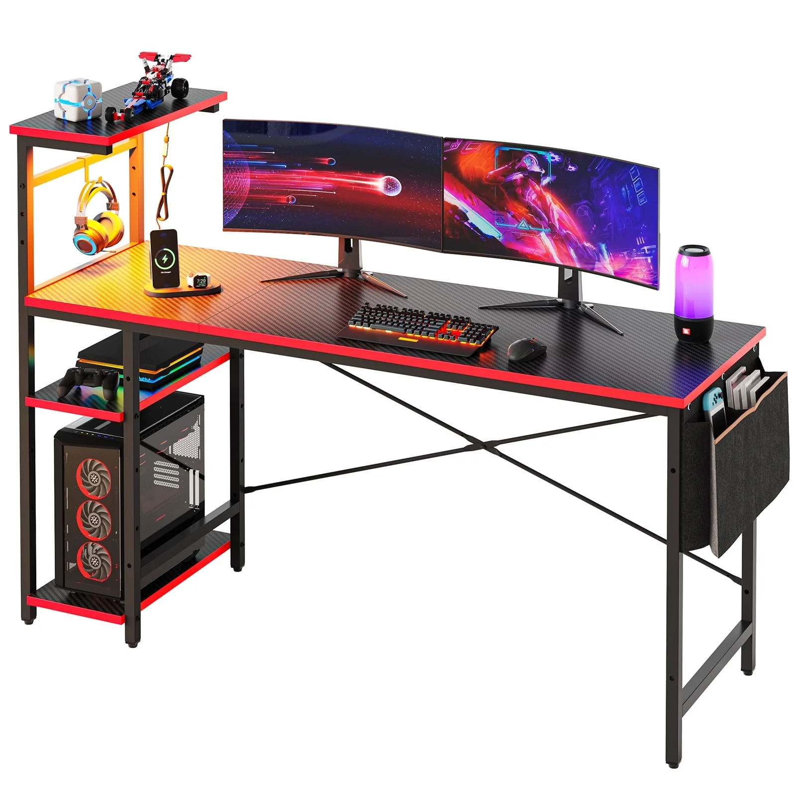 Bestier Reversible 63 inch Gaming Desk Computer Desk with LED Lights 4 Tier Shelves Carbon Fiber