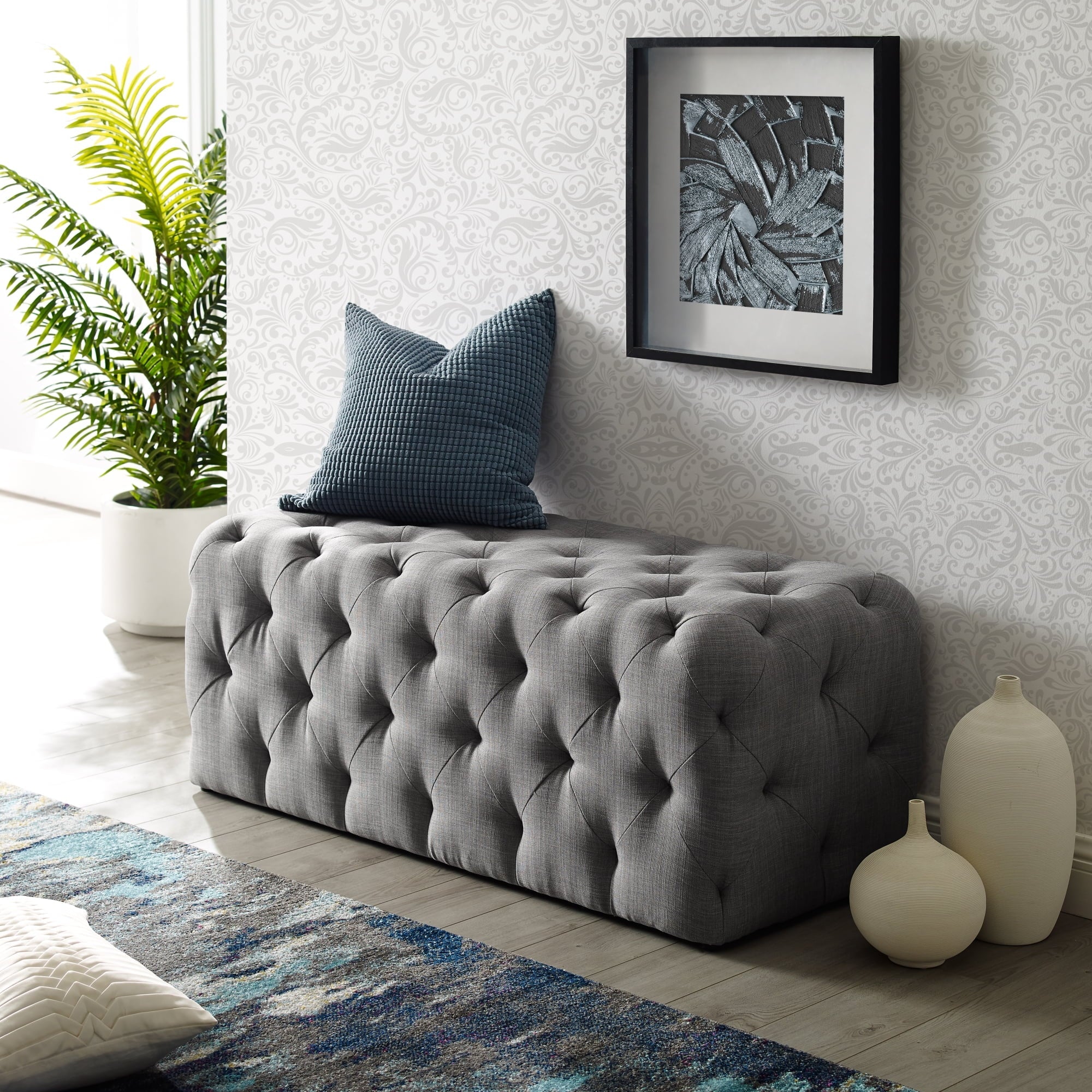 Inspired Home Arabella Linen Bench Allover Tufted Modern & Contemporary Design, Light Grey