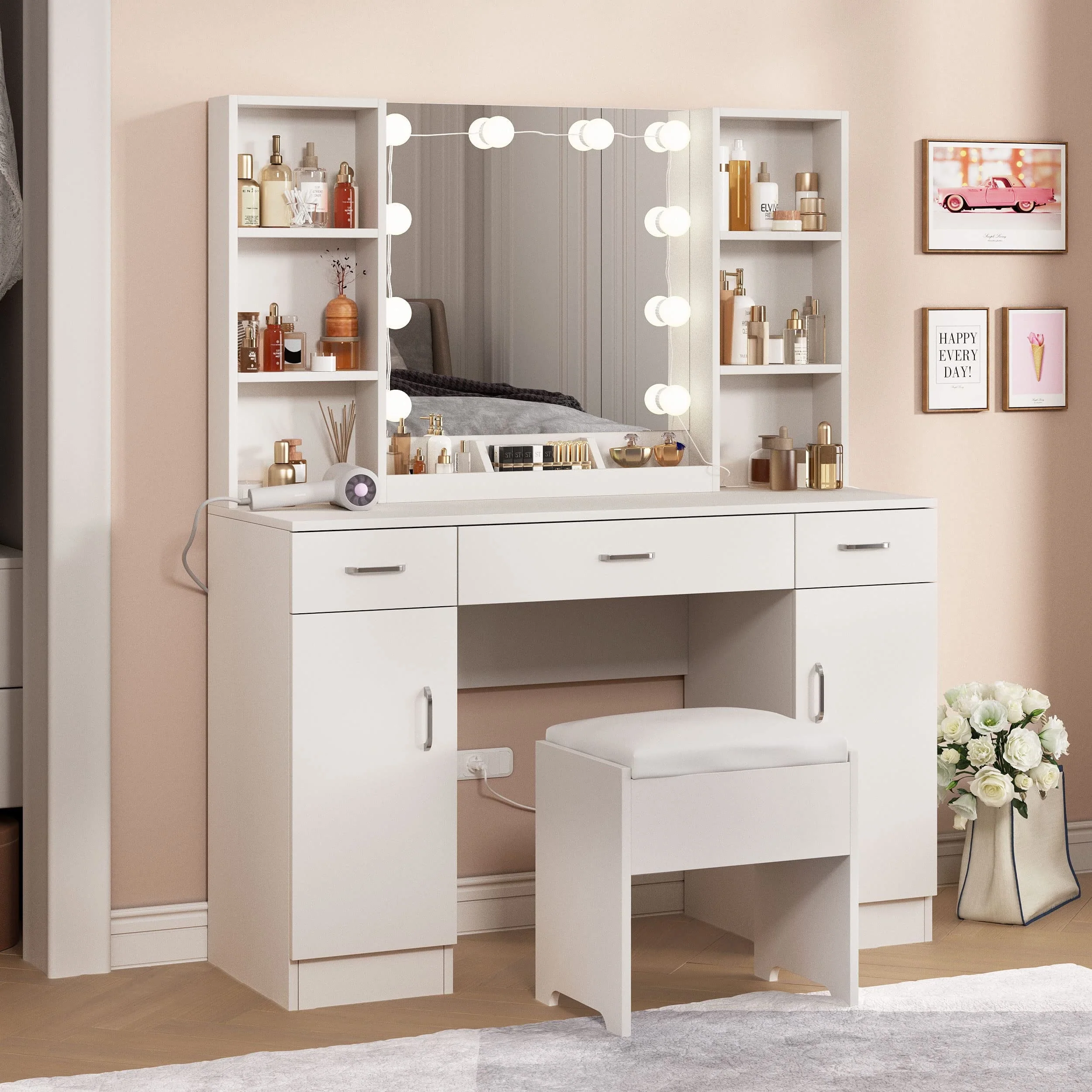 Veanerwood Large Makeup Vanity Set with Lights, White Bedroom Makeup Vanity Table with Storage, 3 Adjustable Lighting Colors, Modern, 45.2in