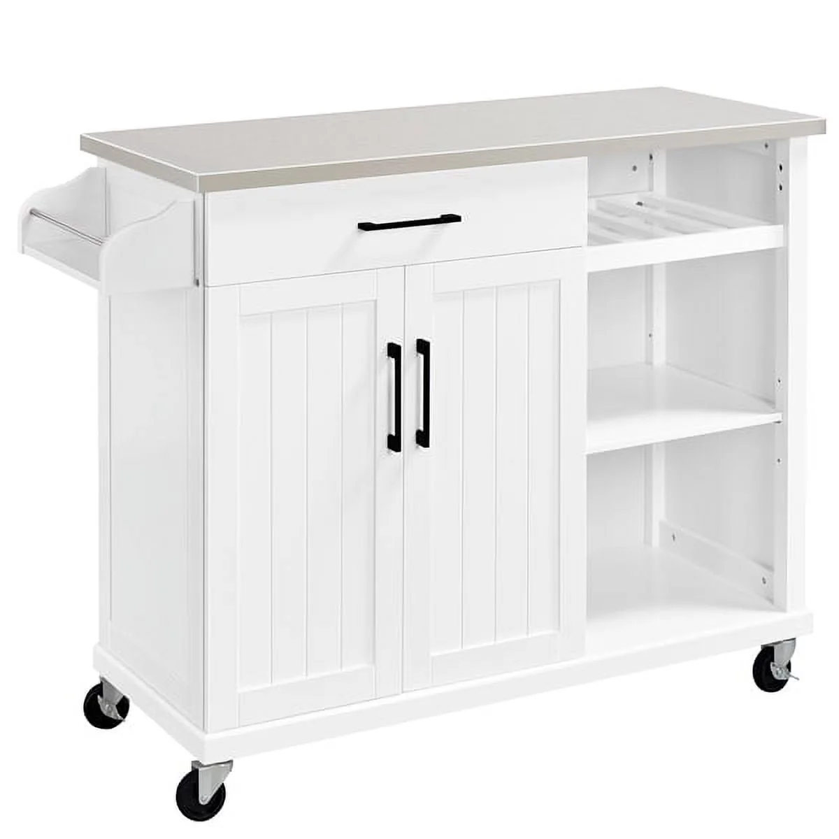 Easyfashion Rolling Kitchen Island Cart with Stainless Steel Top and Storage, White