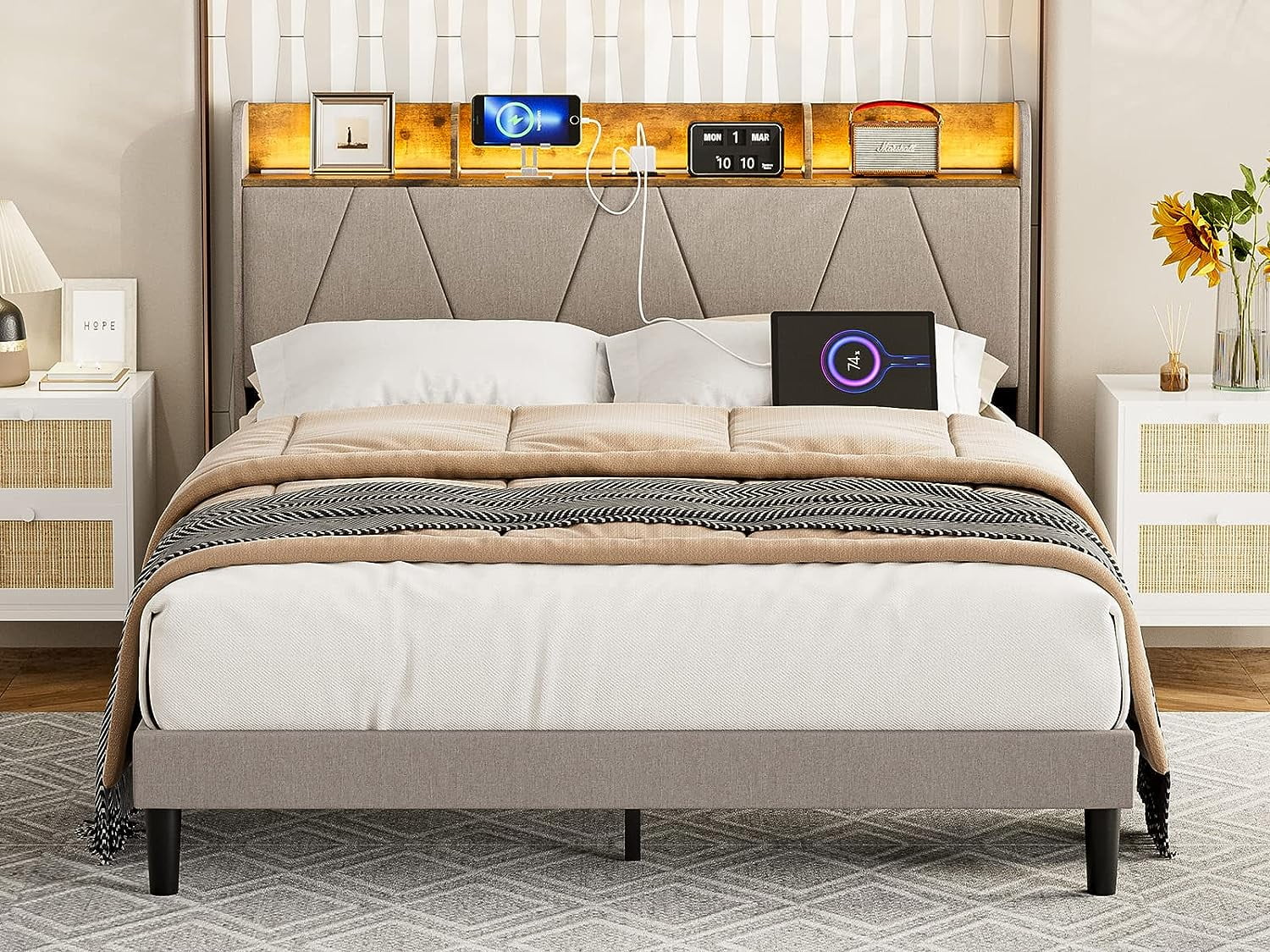 IKIFLY Queen Bed Frame with Charging Station & Storage Shelf Headboard, Upholstered LED Bed Frame with 2 Outlets and 2 USB Ports（1 Type C）, Solid Wood Slats, No Box Spring Needed - Light Brown