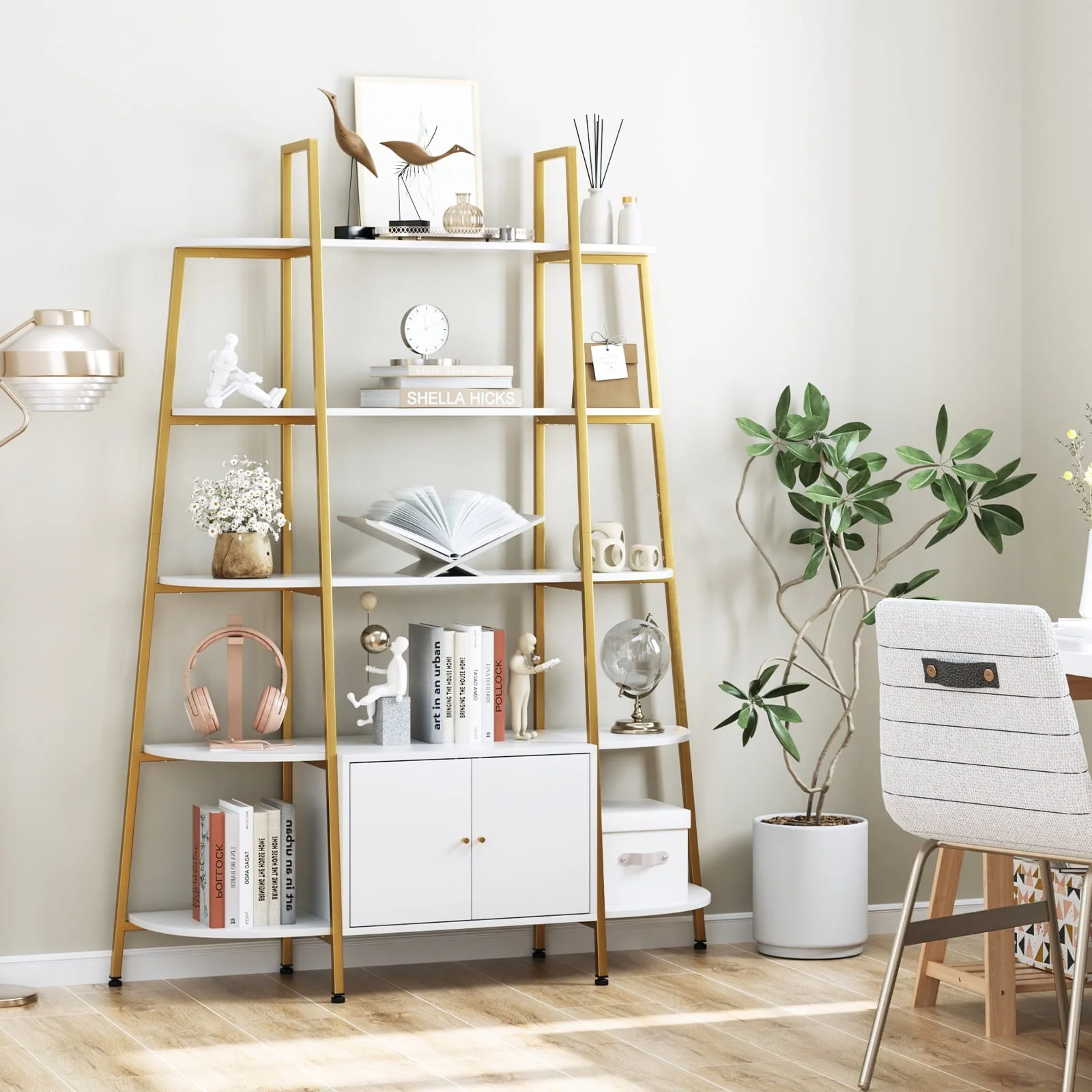 Homfa Large 5-Tier Bookshelf, 53.5"L x 70"H Triple Wide Gold Metal Frame Bookcase with Storage Cabinet, White Finish