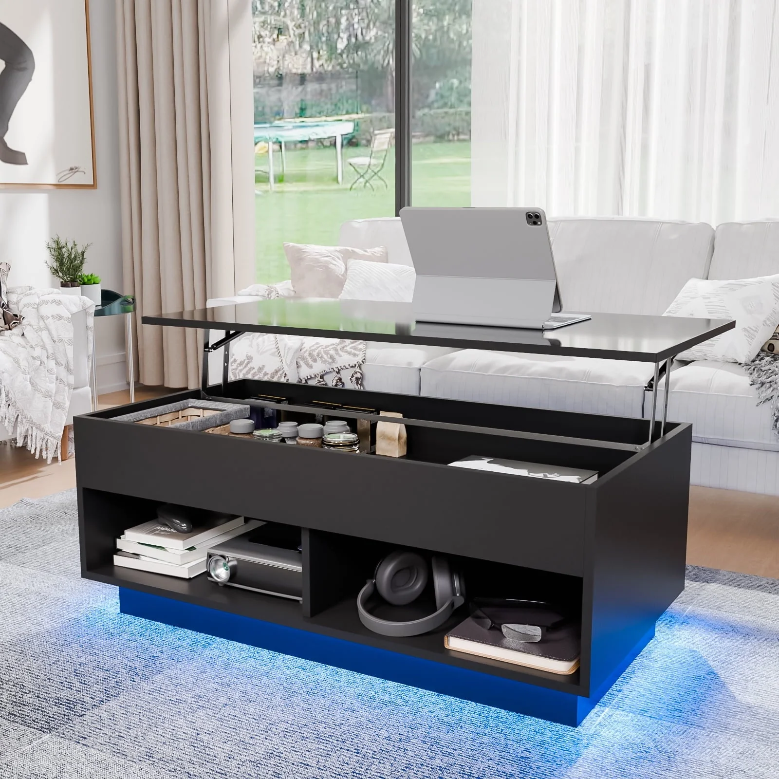 Hommpa Lift Top Coffee Table with Hidden Compartment High Gloss LED Coffee Tables Center Rising Cocktail Table for Living Room Accent Furniture Black Finish