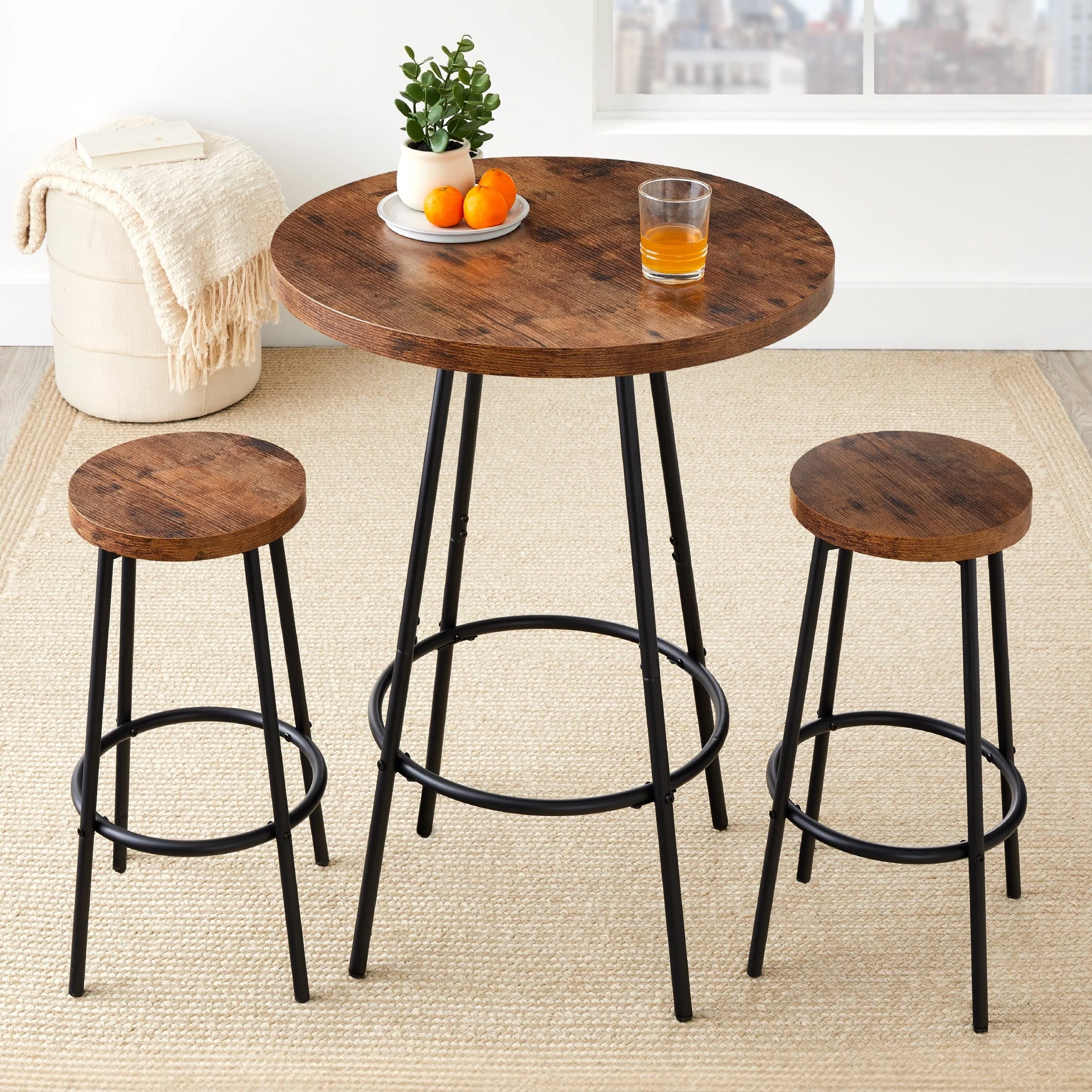 Best Choice Products 3-Piece Bistro Set, Modern Round Counter Height Dining Set w/ 2 Stools, Metal Frame - Medium Brown