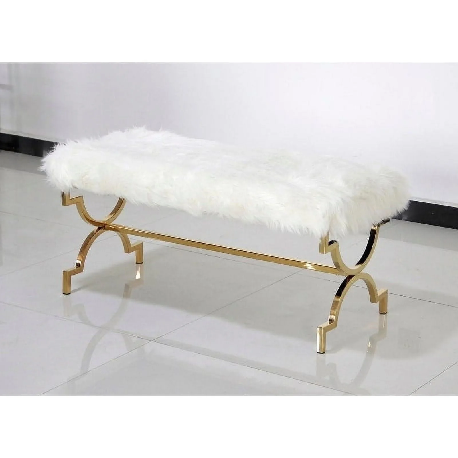 Best Master Furniture Emerson White Faux Fur with Gold Base Bench