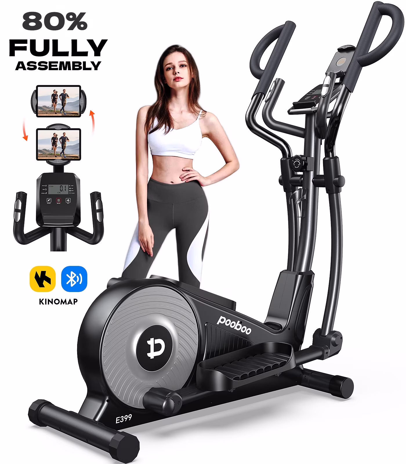 HASIMAN Elliptical Machine 16 Levels Resistance  Built-in Blue Elliptical Trainers with LCD Monitor Smooth Quiet Driven 400lbs Capacity 15.5inch Stride Length