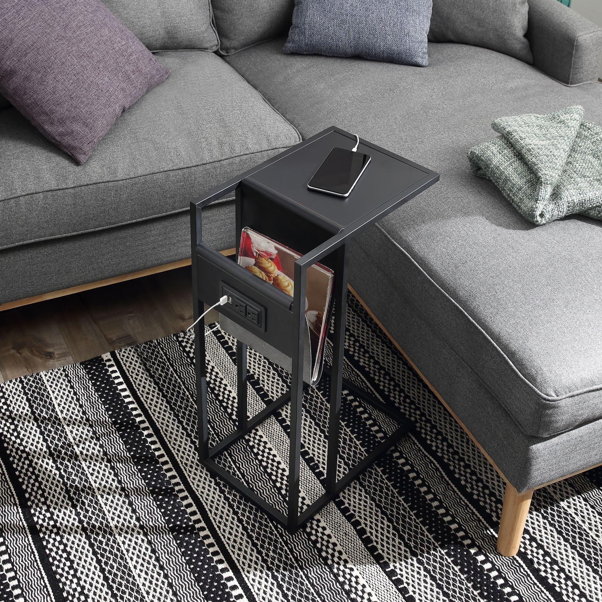 Loft Lyfe C-Table Design Yousef USB Ports & Outlets Magazine Storage Modern End Table Black/Black
