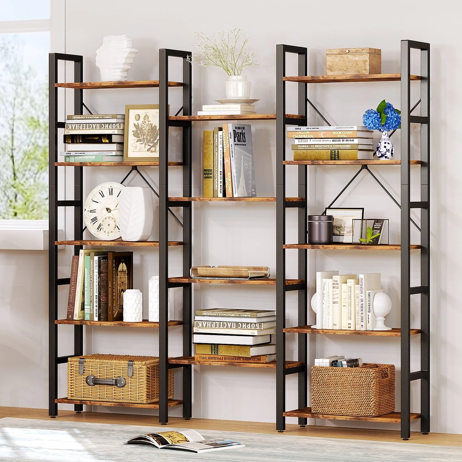 Oneinmil 5 Tiers Triple Wide Corner Bookcase with 17 High Quality Solid Open Shelves, Rustic Brown