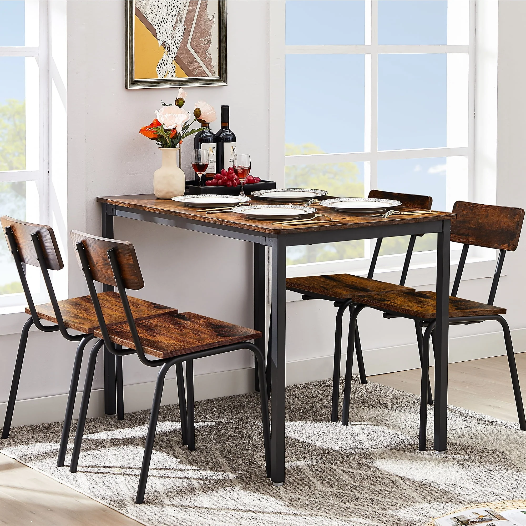 Sesslife 5 Piece Dining Set, Modern Kitchen Wood Table and 4 Chairs for Breakfast Small Spaces, Rustic Brown