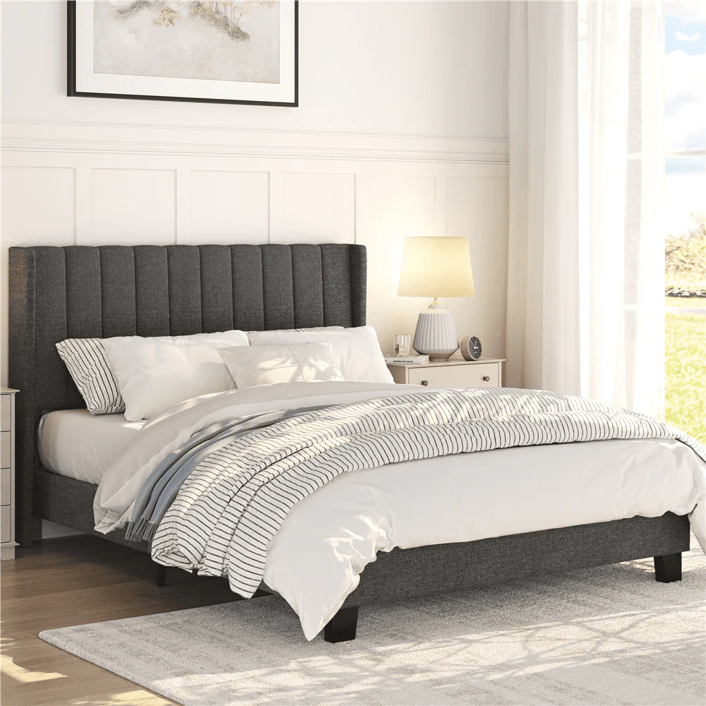 Yaheetech Upholstered Wingback Bed with Support and Mattress Foundation, Queen, Dark Gray