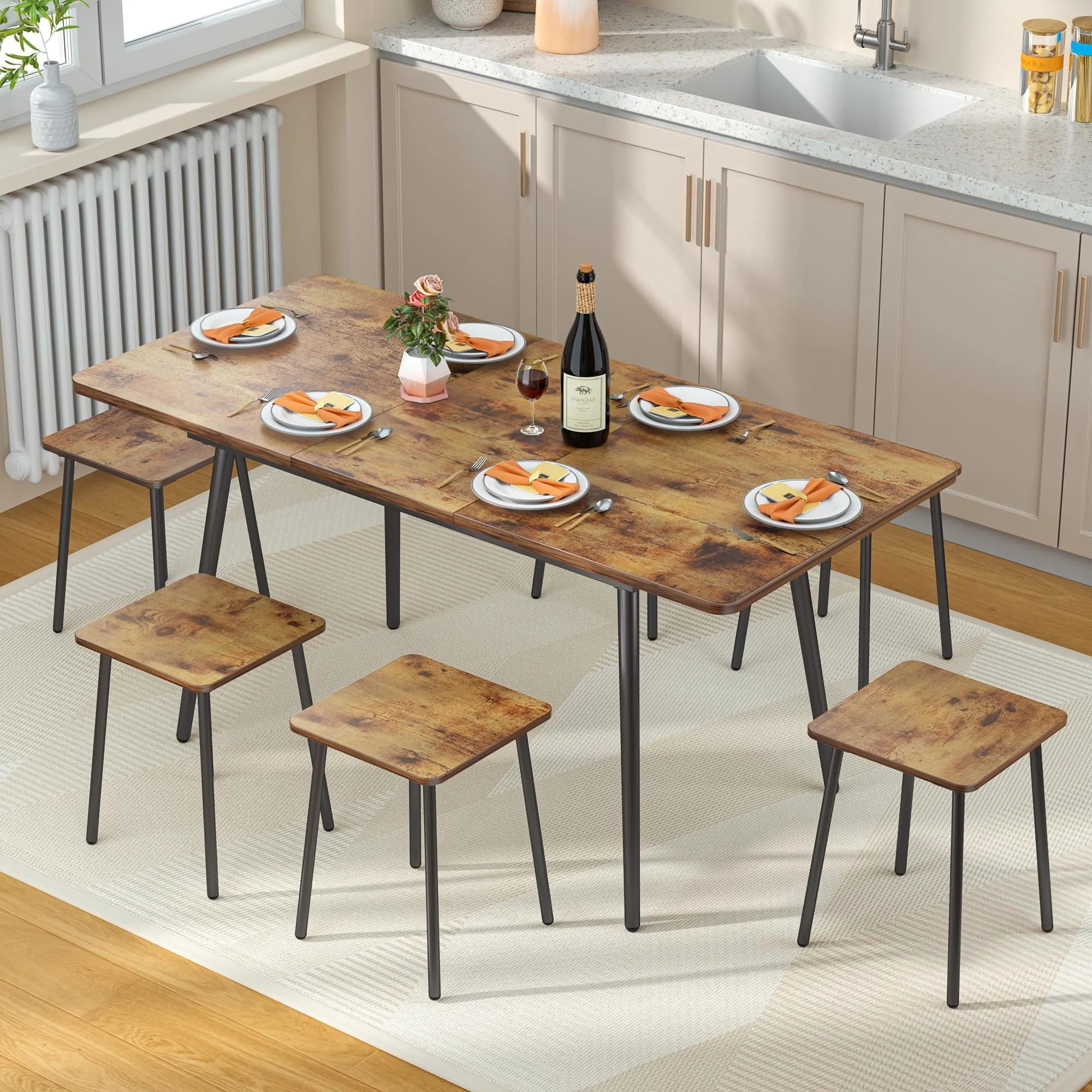 7-Piece Dining Table Set for 4-6 People, 63" Extendable Kitchen Table Set with 6 Stools, Dinette Set with Round Corner, Retro