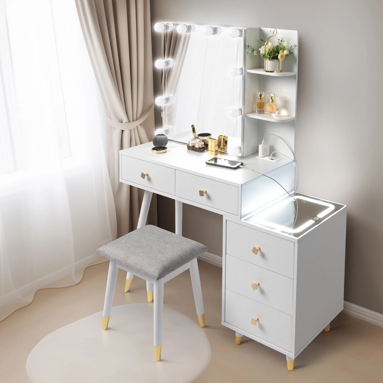 Ktaxon 3 Color Lighted Vanity Table Set, Makeup Table with LED Nightstand, Dressing Table with USB Charging Station, for Girls, Women, Female Bedroom, White
